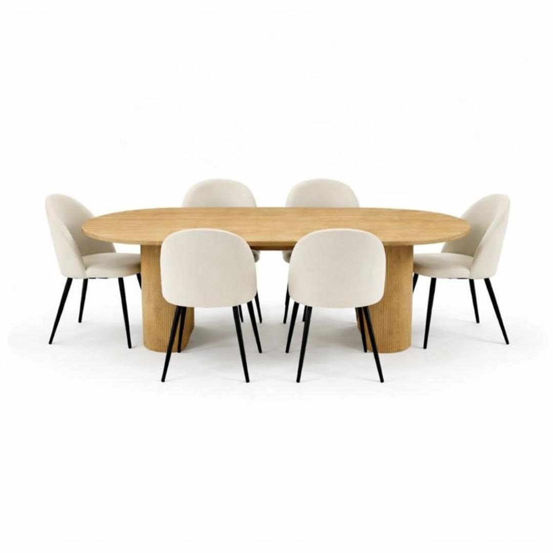 Kyoto spisebordssæt spisebord 100x210cm natur, 6 stole velour beige