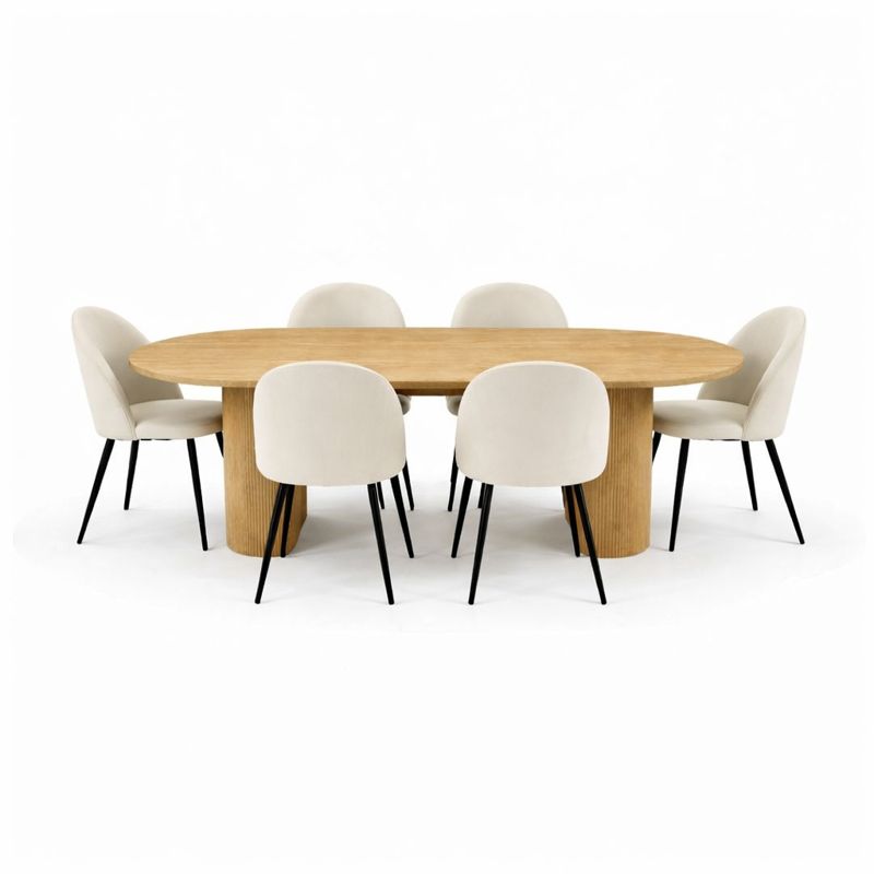 Kyoto spisebordssæt spisebord 100x210cm natur, 6 stole fløjl beige