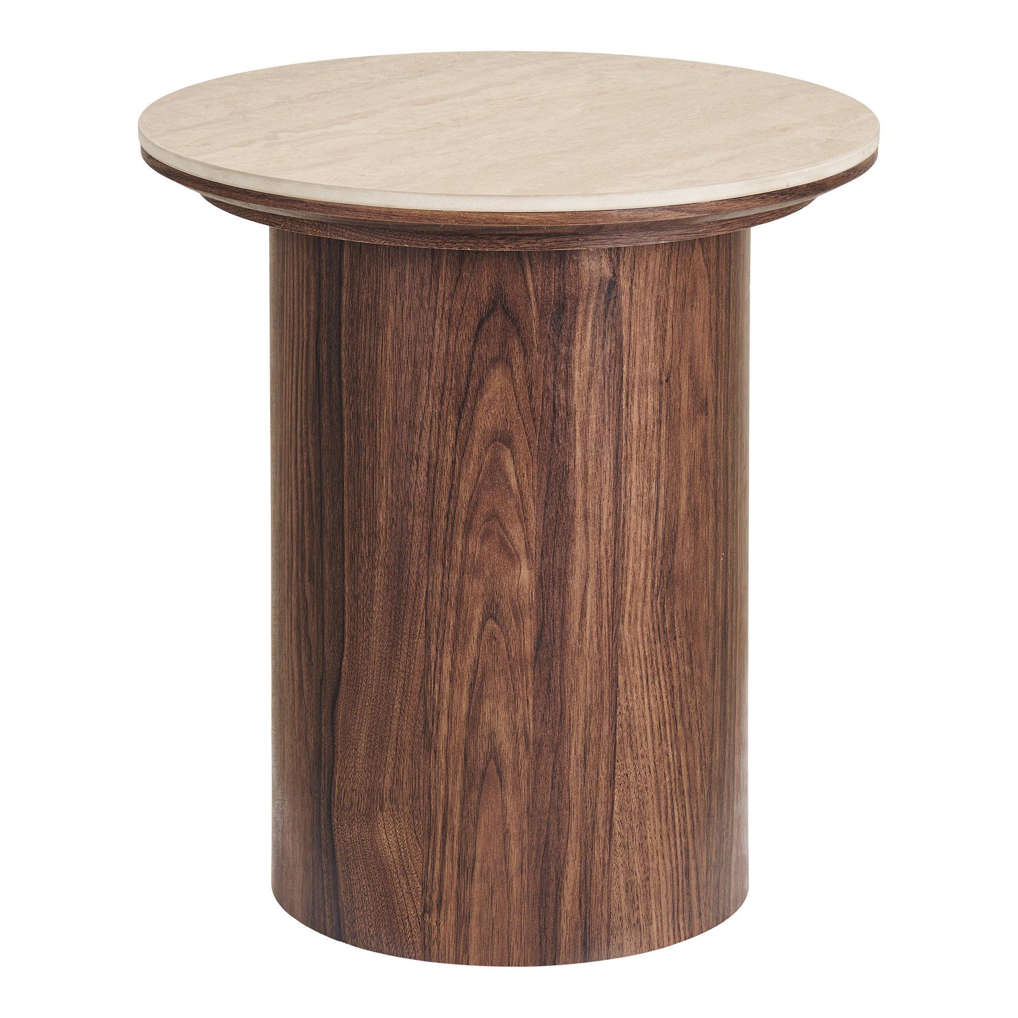 Minamata sidebord Ø45cm, keramisk bordplade travertin, valnød dekor