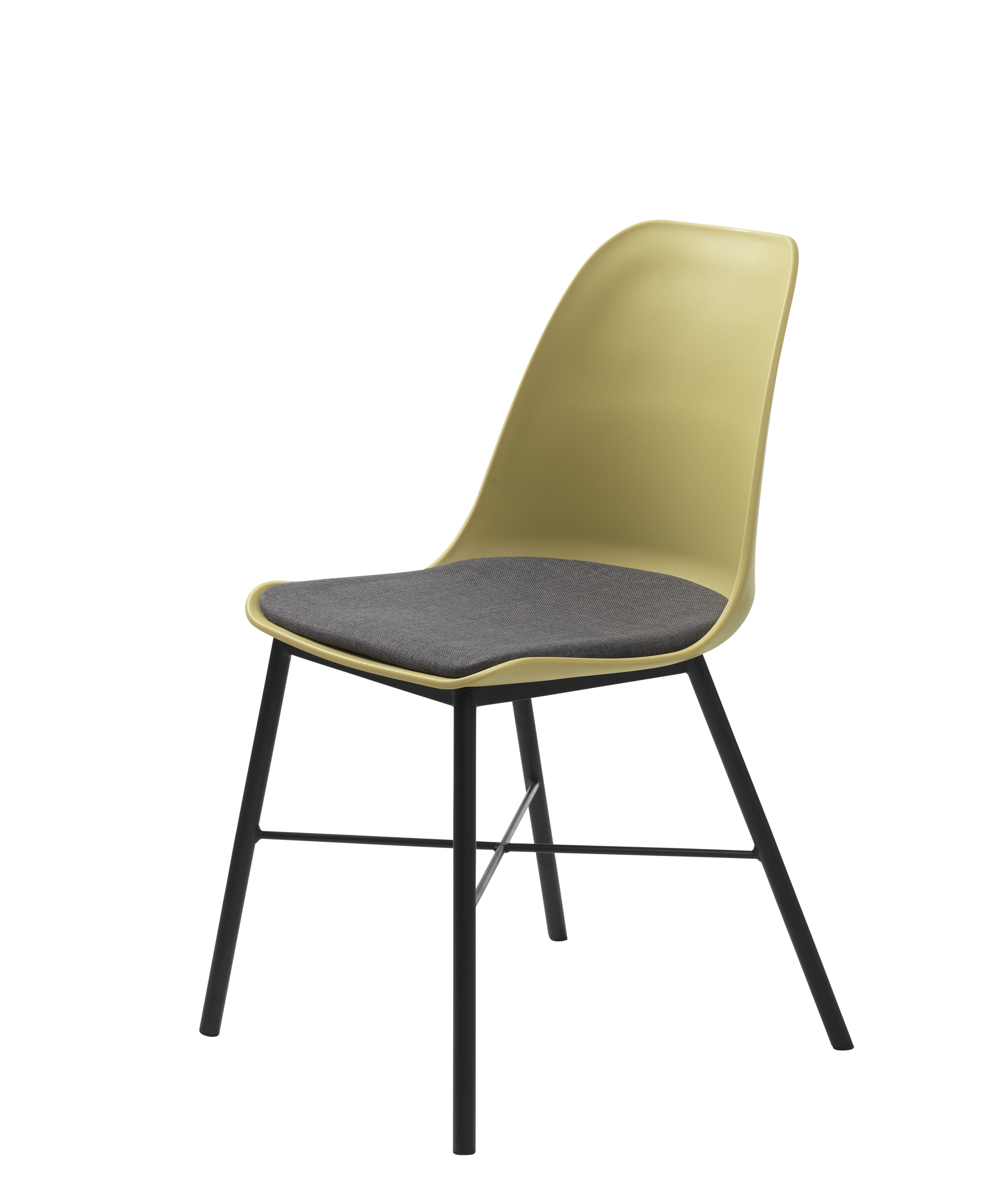 Whise spisestuestol i støvet gul og grå, stel i sort metal.