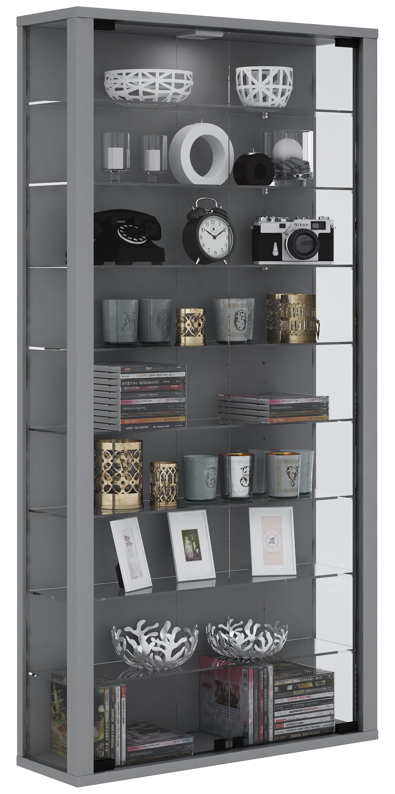 Vitrosa Maxi vitrineskab, væghængt med 2 glaslåger og lys, sølvfarvet