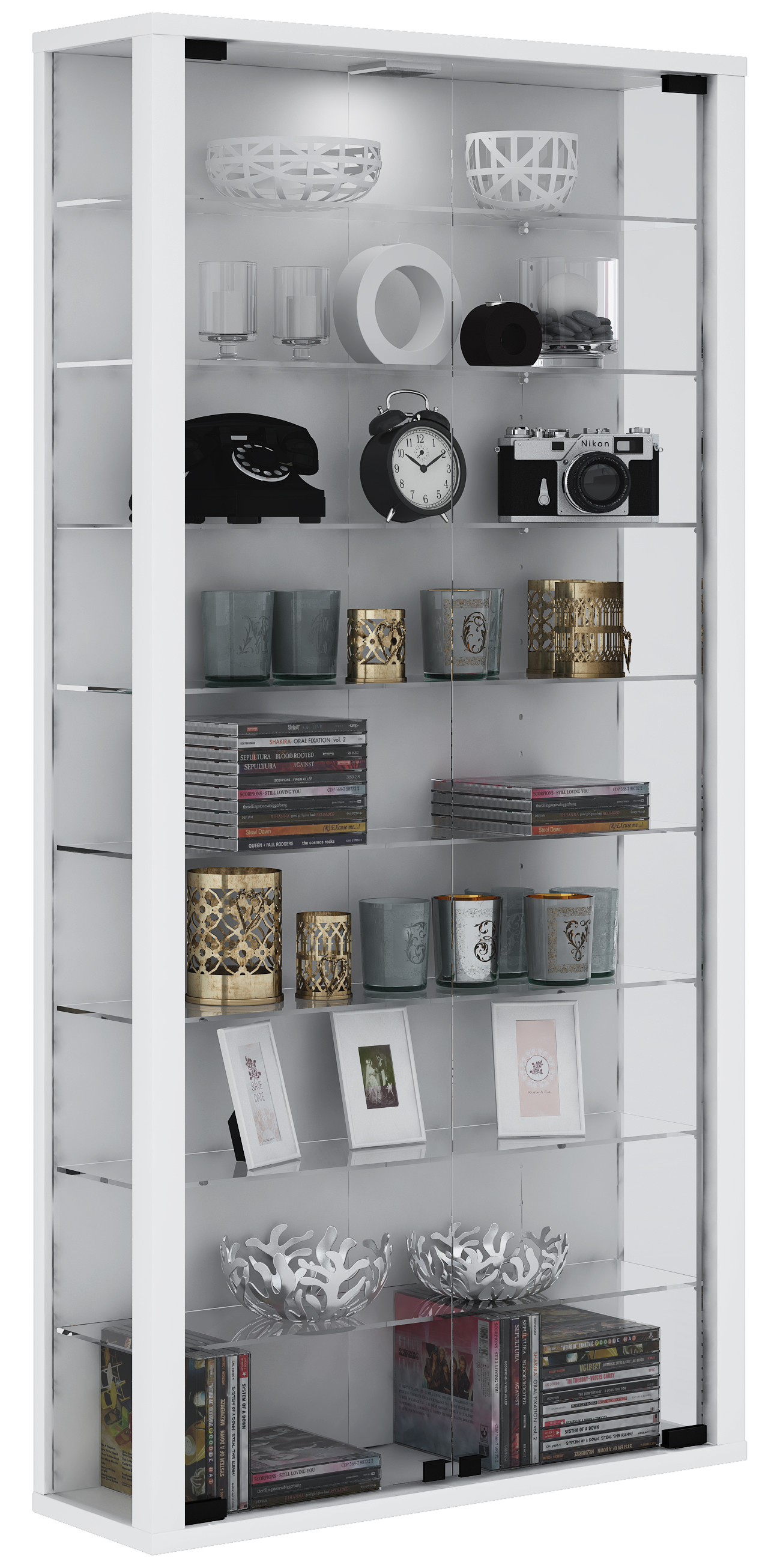 Vitrosa Maxi vitrineskab, væghængt med 2 glaslåger og lys, hvid billede