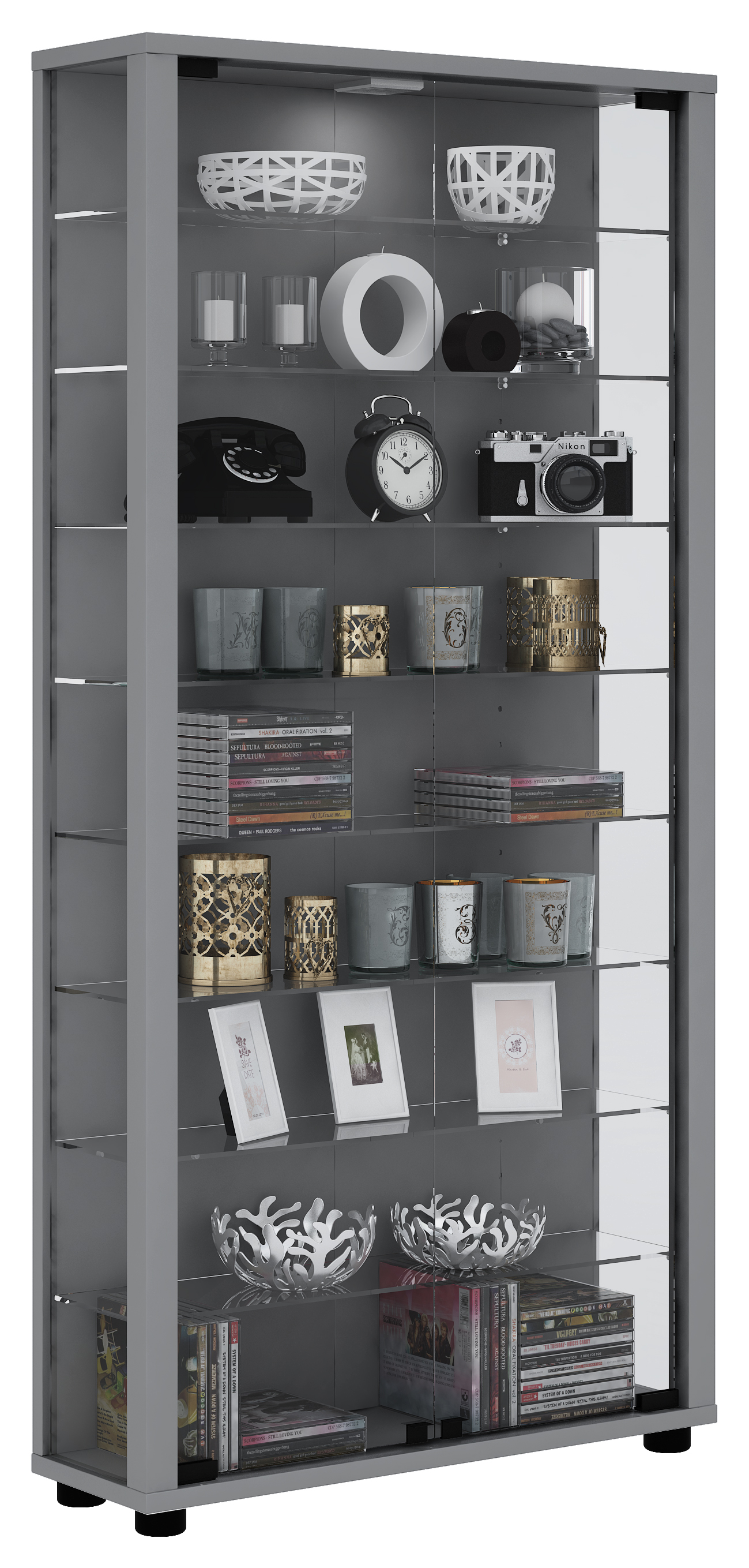 Lumo Maxi vitrineskab, 2 glaslåger, glasmontre med LED lys, sølvfarvet billede