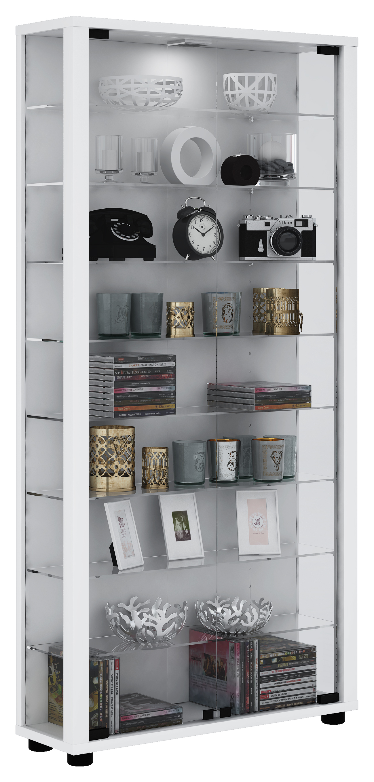 Lumo Maxi vitrineskab, 2 glaslåger, glasmontre med LED lys, hvid billede