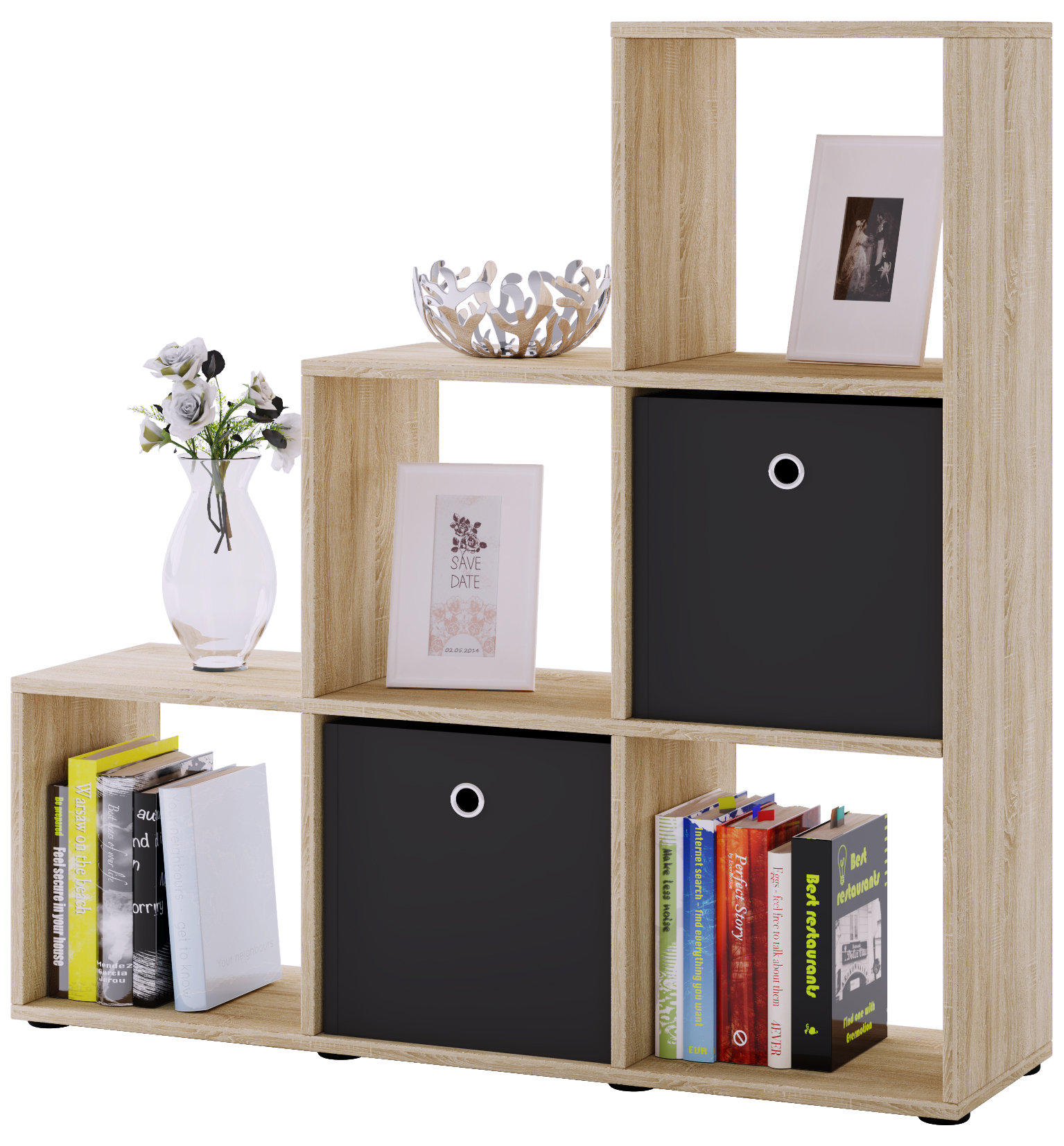 Nitas reol, m. 6 rum - natur træ(H:104,5cm x107,5cm x 29cm)