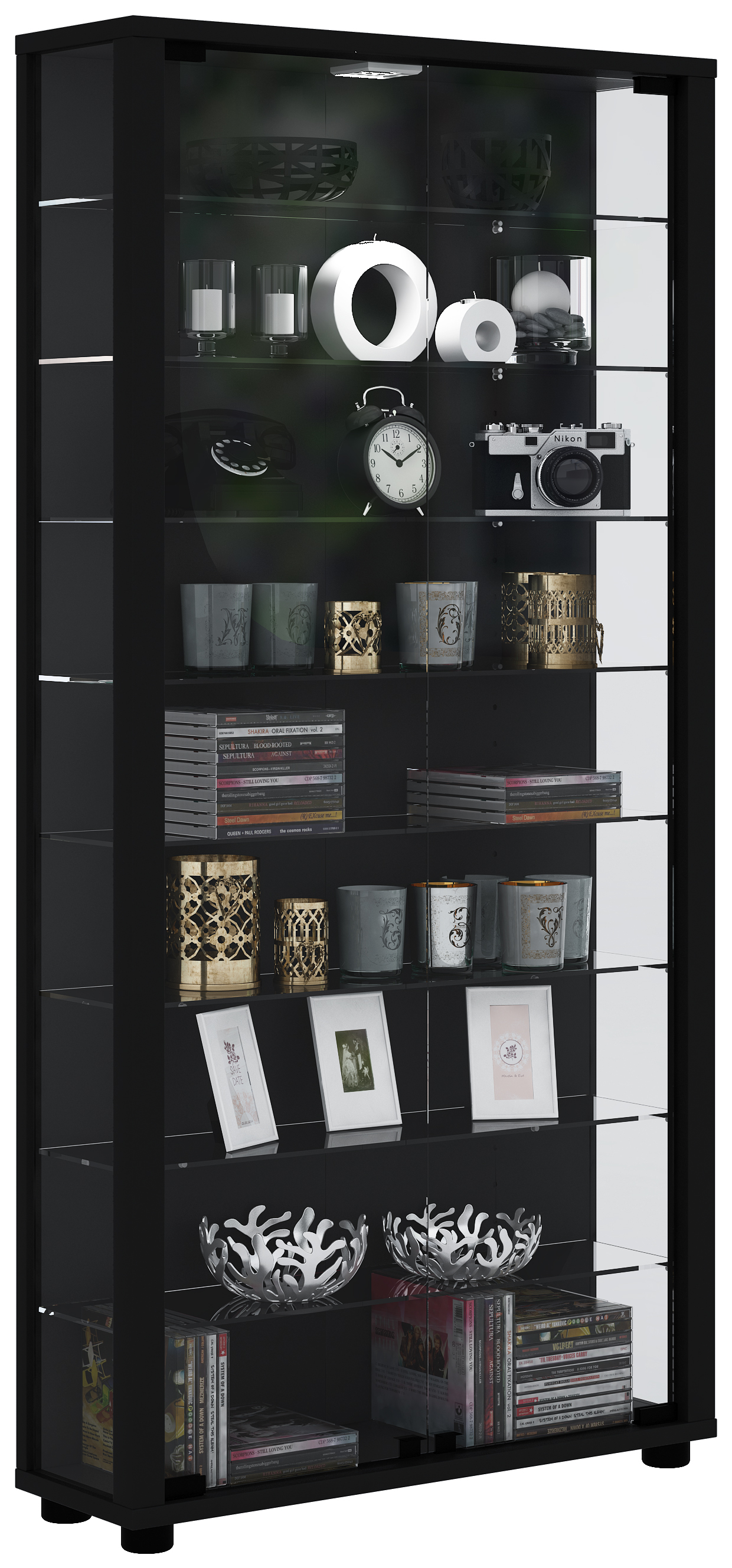 Lumo Maxi vitrineskab, med LED lys 8 glashylder, sort billede