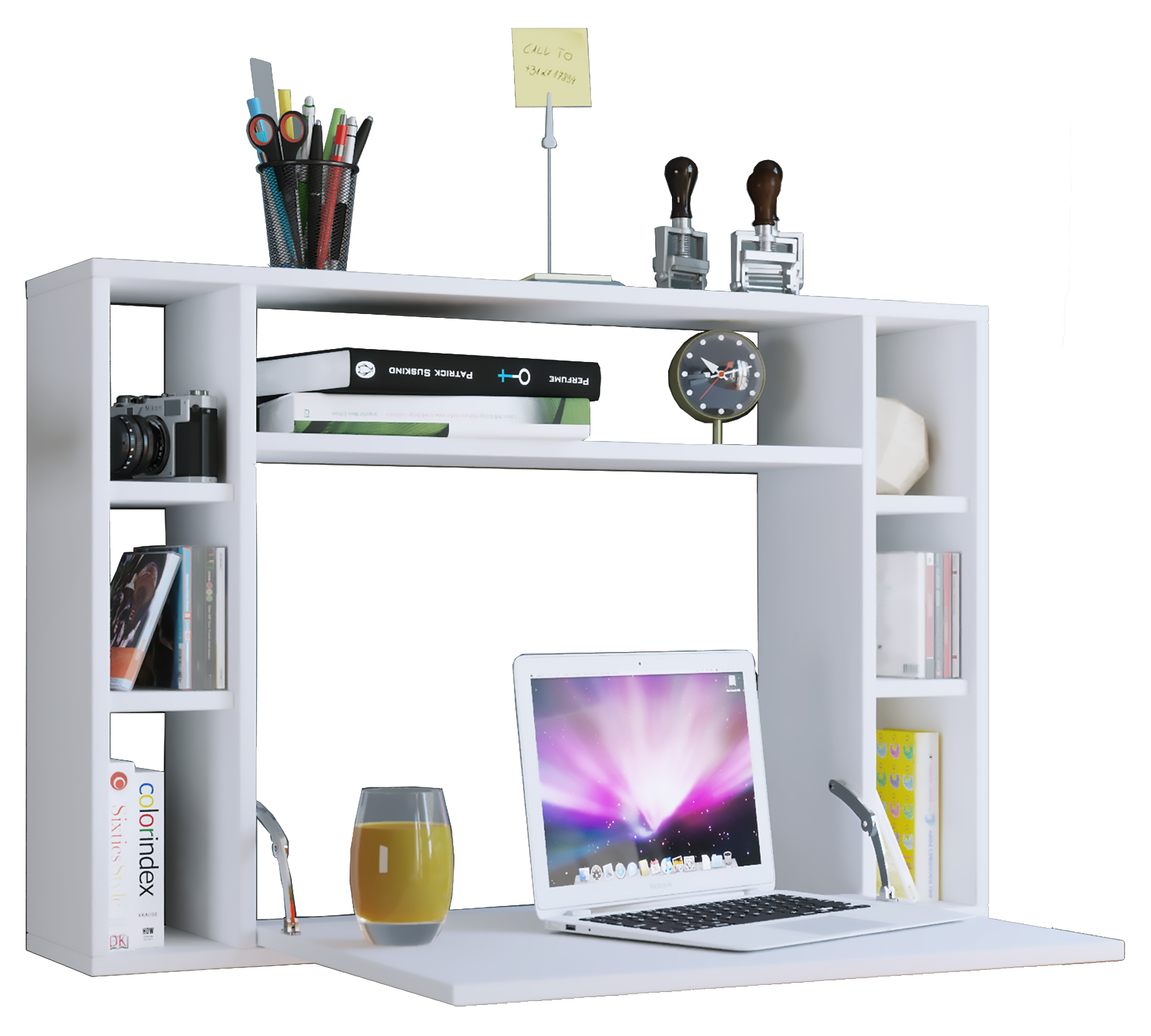 Wandila skrivebord, laptopbord væghængt skriveplade og 7 rum, hvid billede