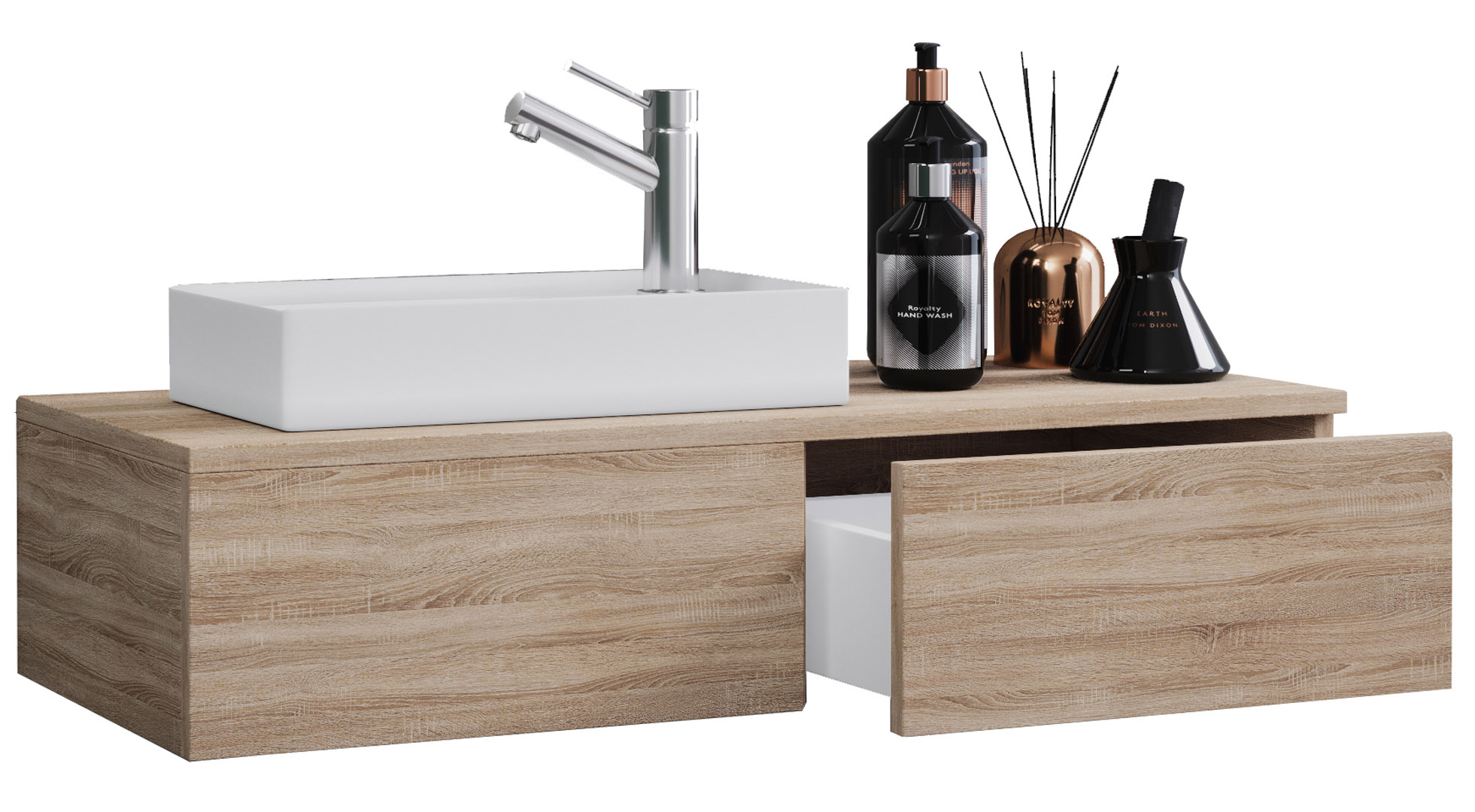 Gudas badeværelsesmøbelsæt - keramik og natur melamin