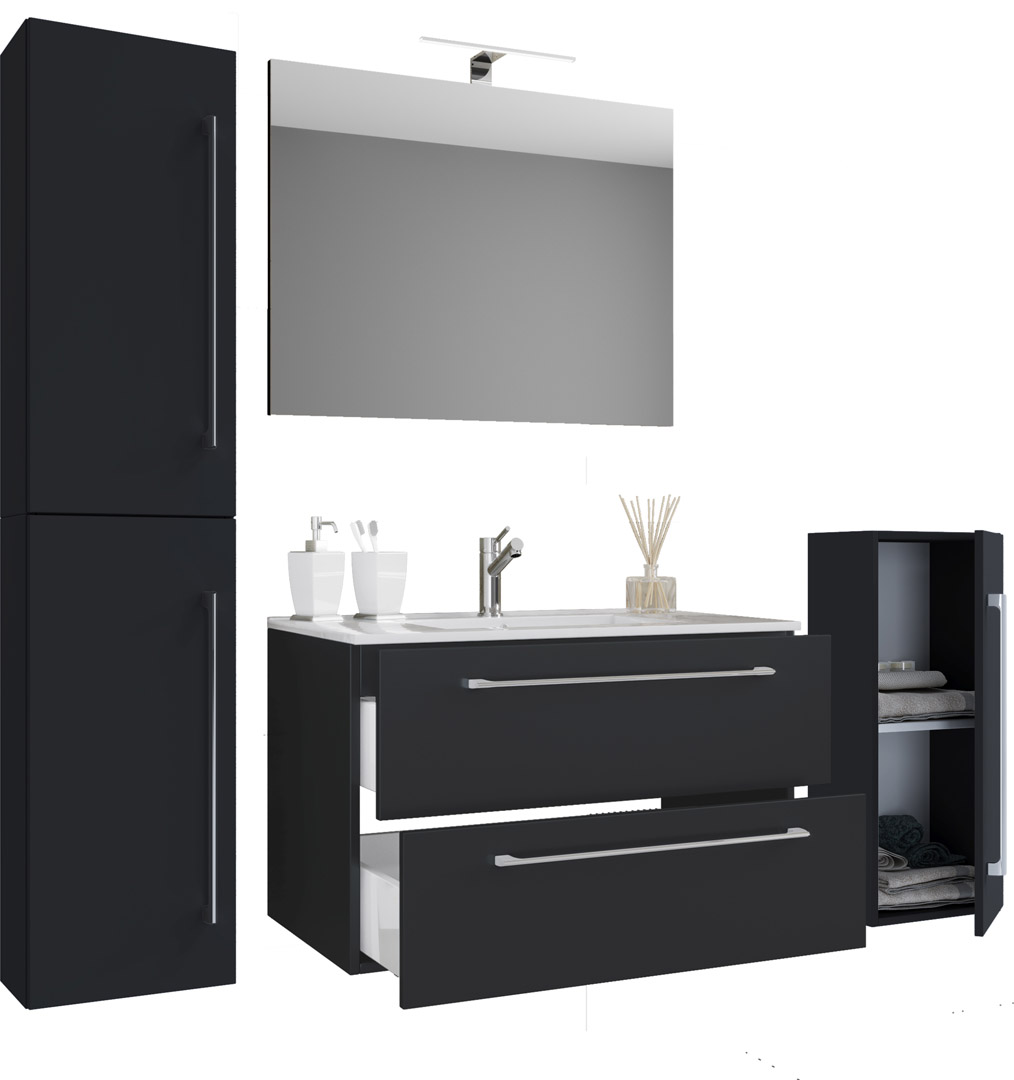Badeværelsesmøbelsæt - spejlglas, keramik og sort melamin (sæt af 5)