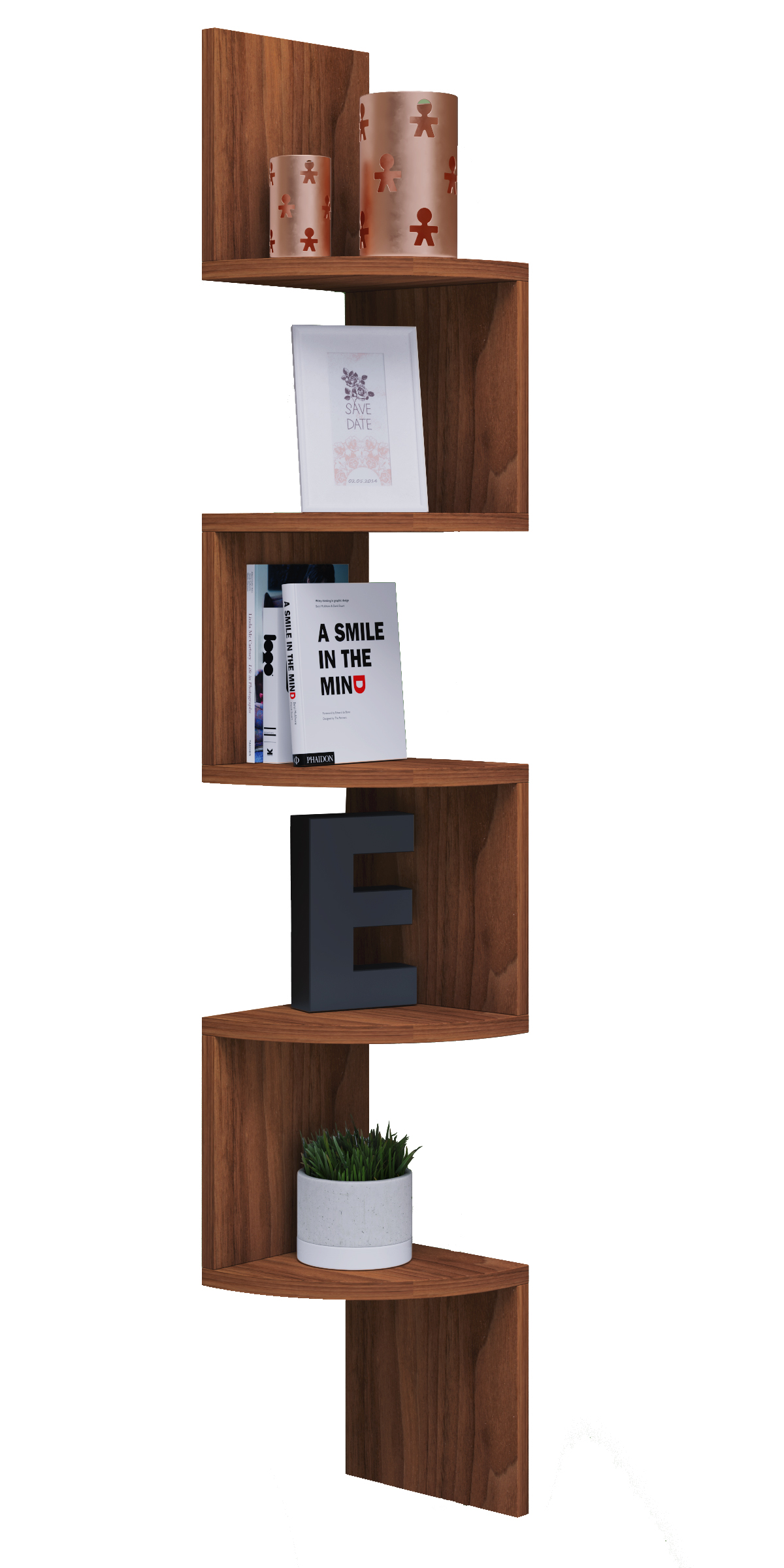 Mintis reol, hjørnereol med 5 hylder, valnød dekor billede