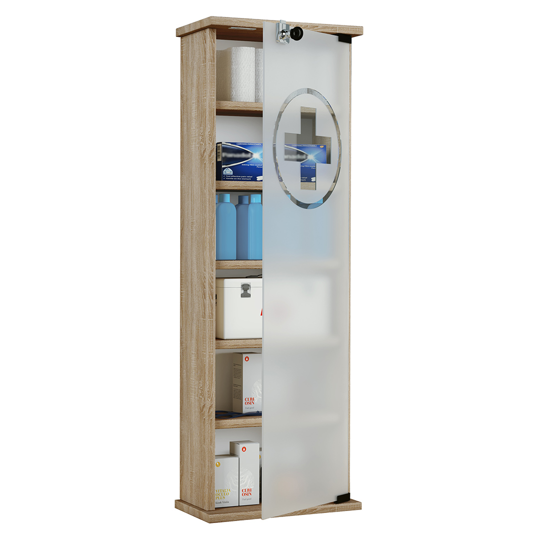 Gusal højskab, medicinskab med glaslåge, Sonoma eg dekor