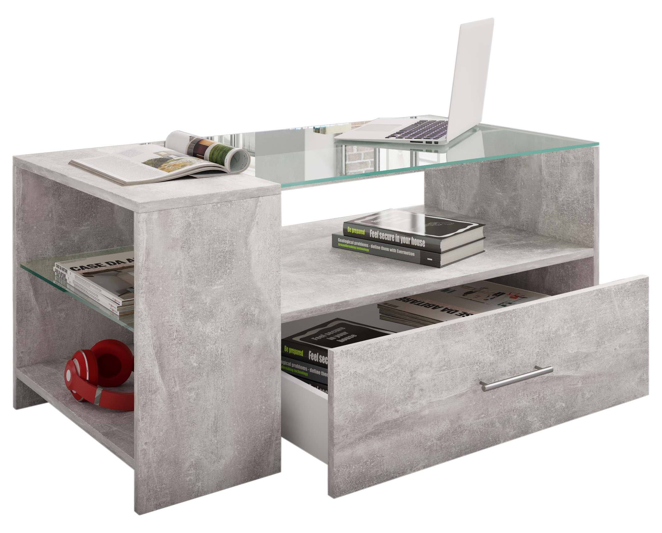 Tindala sofabord, med glasplade, 1 skuffe, 3 hylder, beton dekor