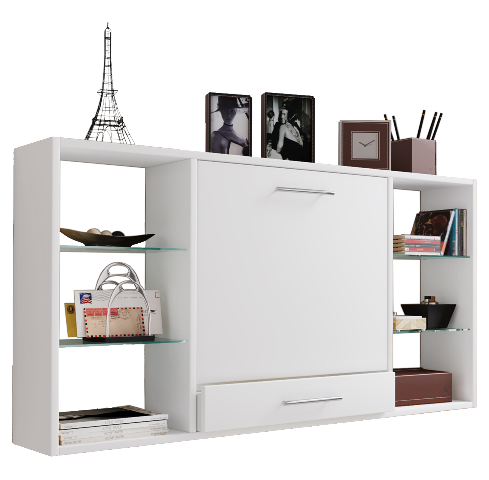 Teala skrivebord, væghængt skriveplade, 6 rum og 1 skuffe, hvid billede