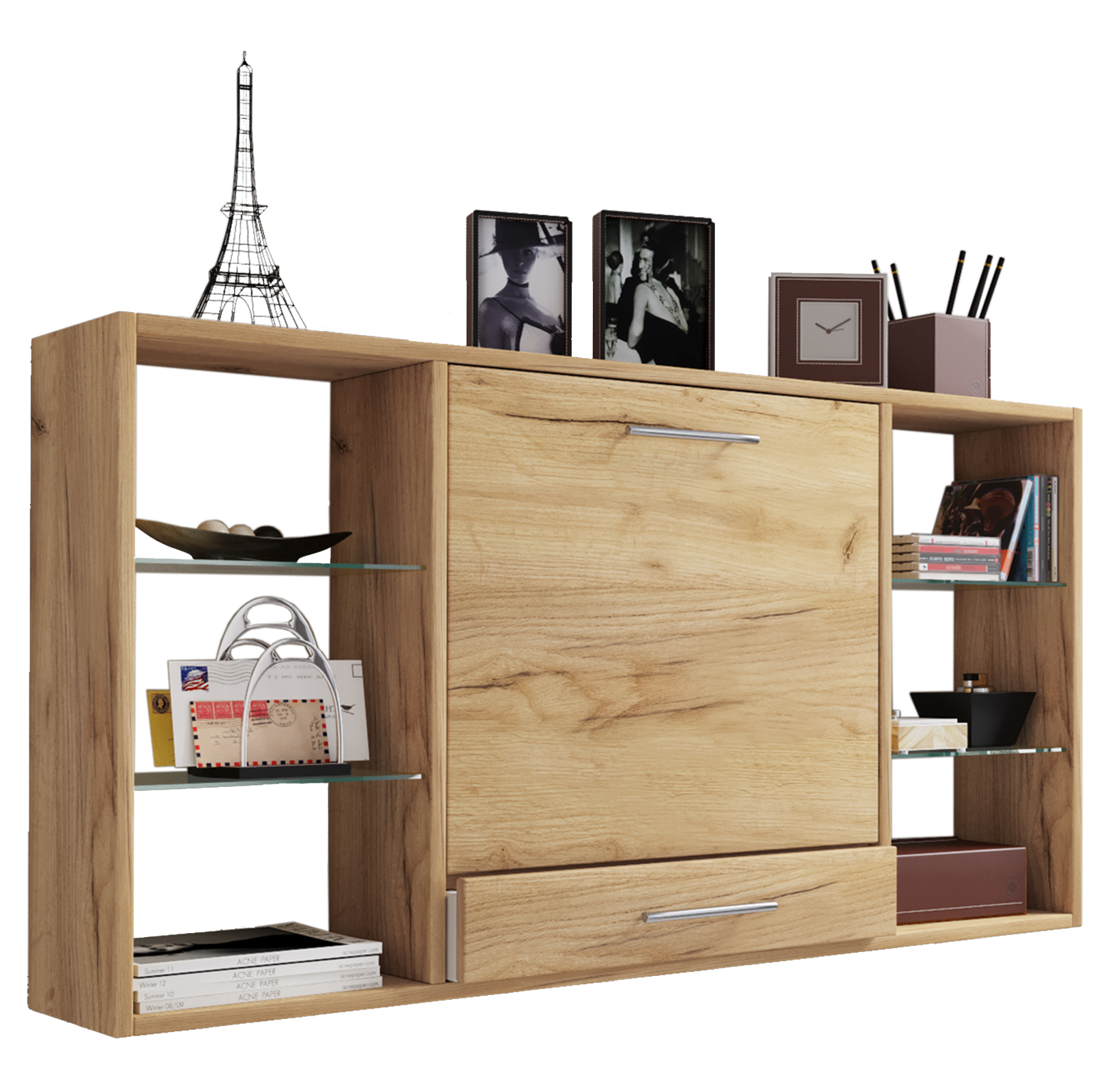 Teala skrivebord, væghængt skriveplade, 6 rum og 1 skuffe, honing eg dekor billede