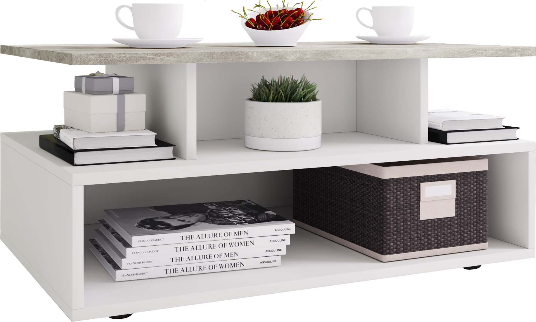 Esila sofabord 4 hylder hvid, beton dekor