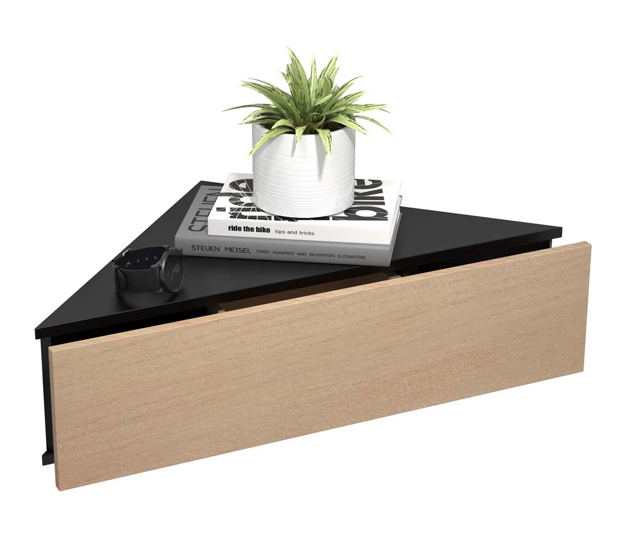 VCM NORDIC Usal S hjørne væghylde, m. 1 skuffe - natur og sort træ (60x42,4)