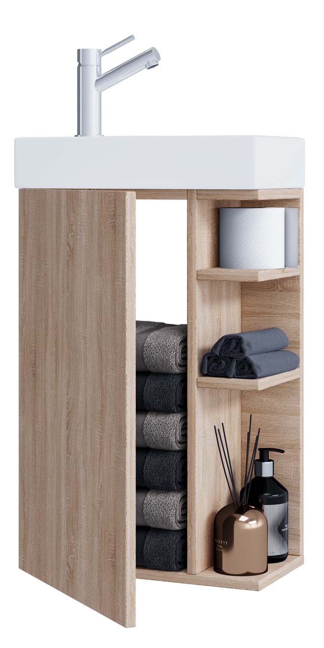 VCM NORDIC Lumia 2-delt gæstevaskeplads, m. håndvask, 1 låge, 3 hylder - keramik og natur træ