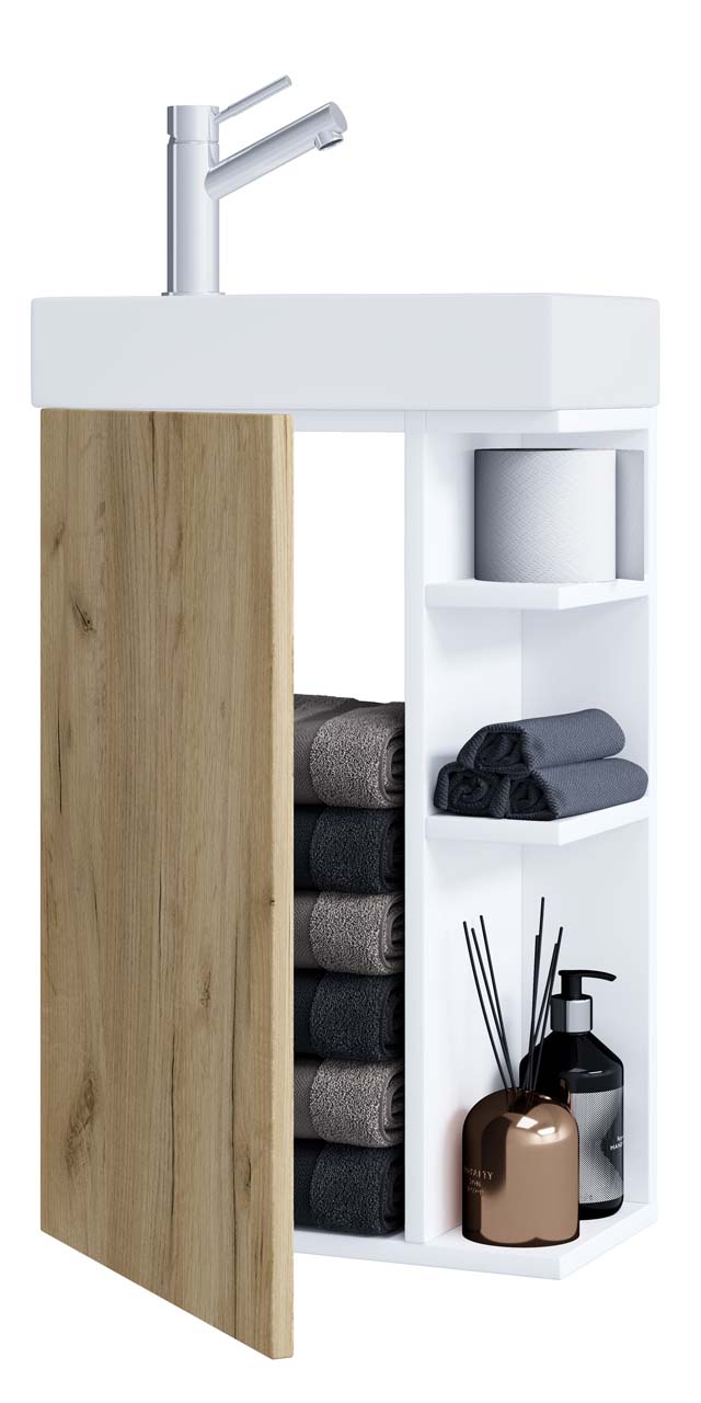 VCM NORDIC Lumia 2-delt gæstevaskeplads, m. håndvask, 1 låge, 3 hylder - keramik og hvid og naturtræ