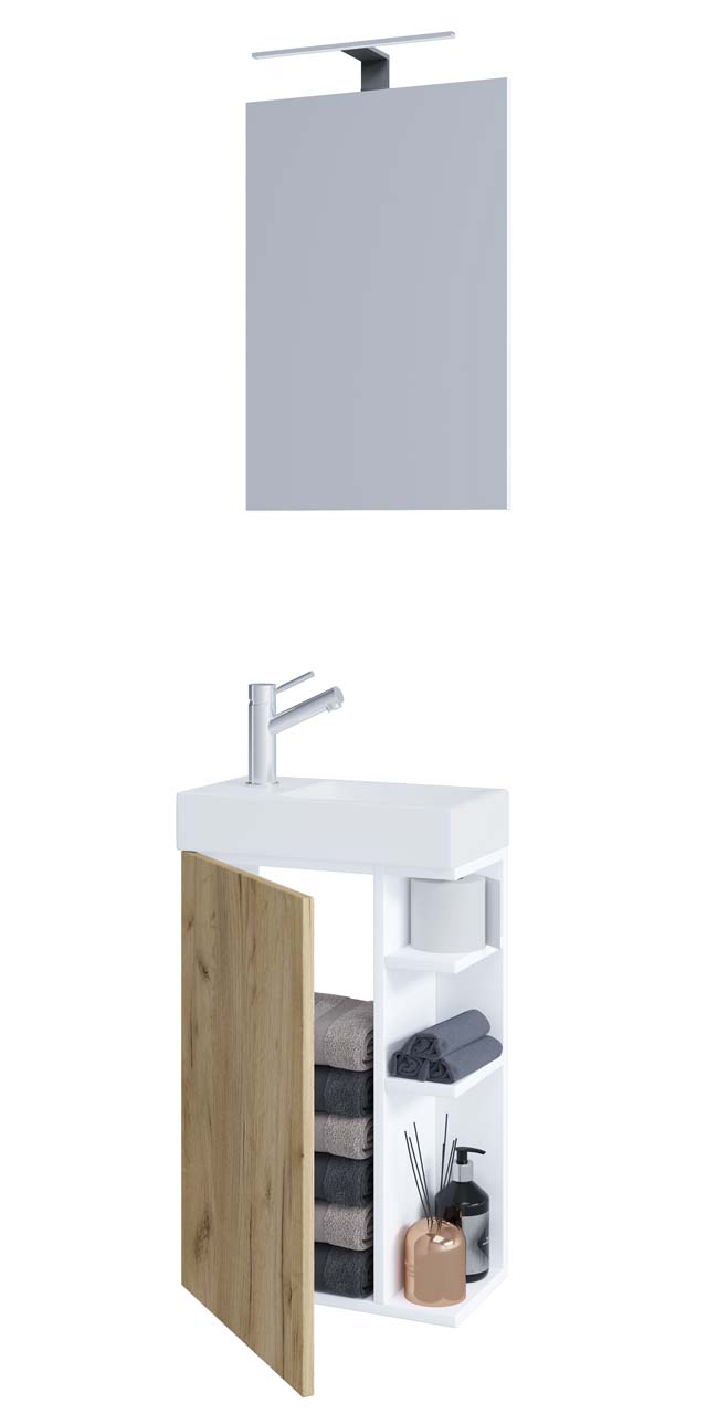 VCM NORDIC Lumia 3-delt gæstevaskeplads, m. spejl, håndvask, 1 låge, 2 hylder - hvid og natur træ