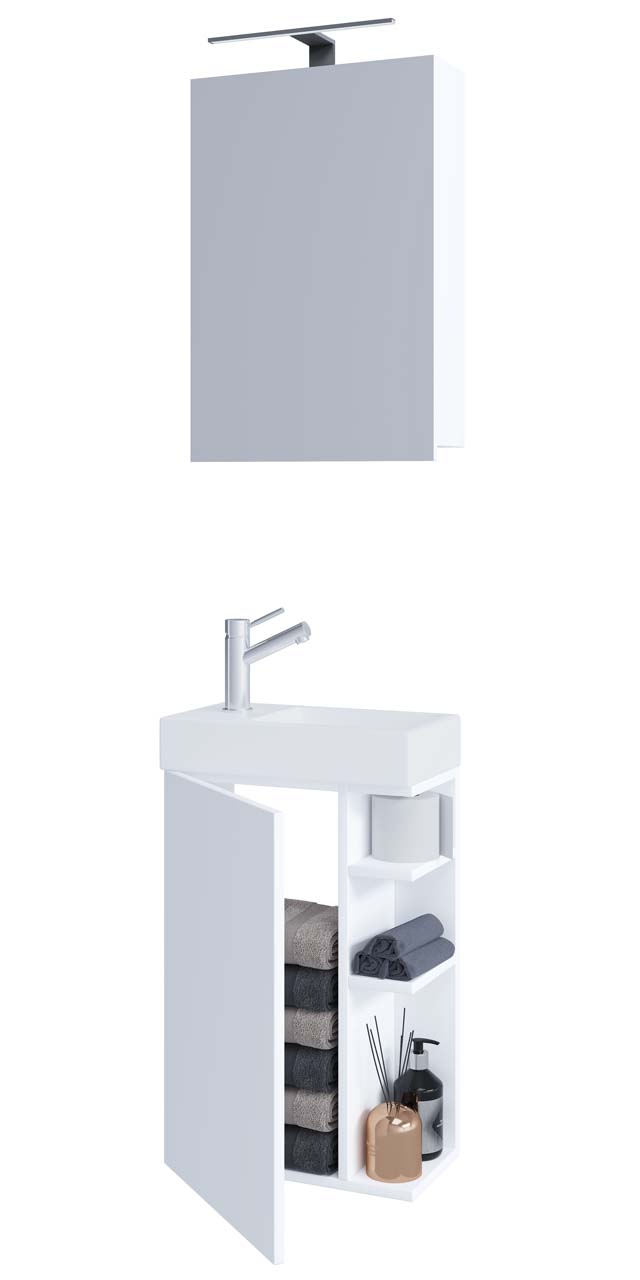 VCM NORDIC Lumia 3-delt gæstevaskeplads, m. spejlskab, håndvask, 1 låge, 2 hylder - hvid træ