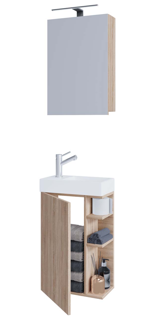 VCM NORDIC Lumia 3-delt gæstevaskeplads, m. spejlskab, håndvask, 1 låge, 2 hylder - natur træ