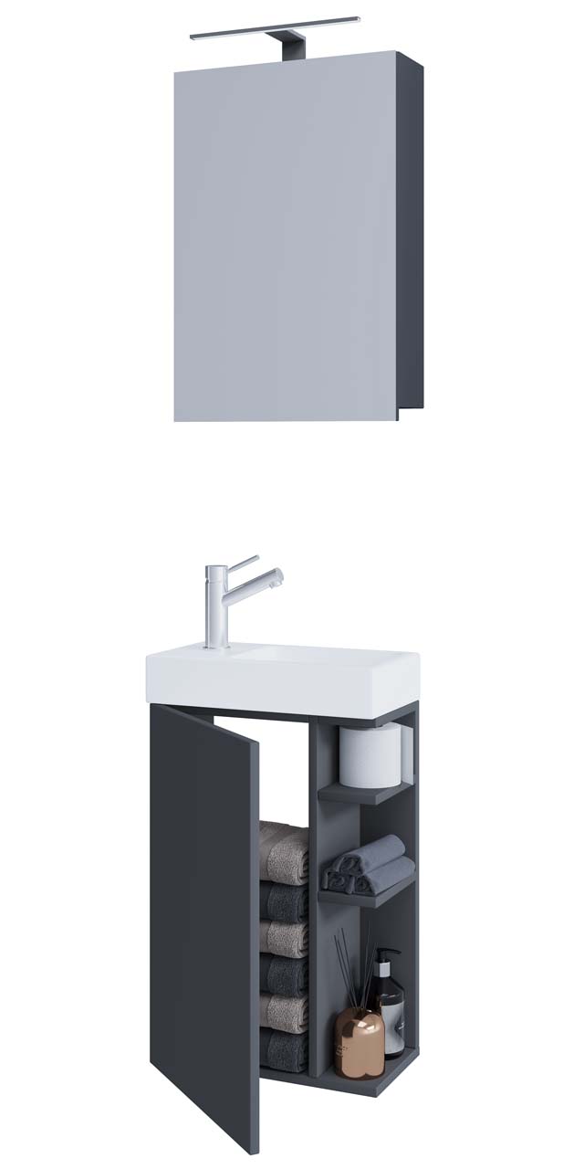 VCM NORDIC Lumia 3-delt gæstevaskeplads, m. spejlskab, håndvask, 1 låge, 2 hylder - antracitgrå træ