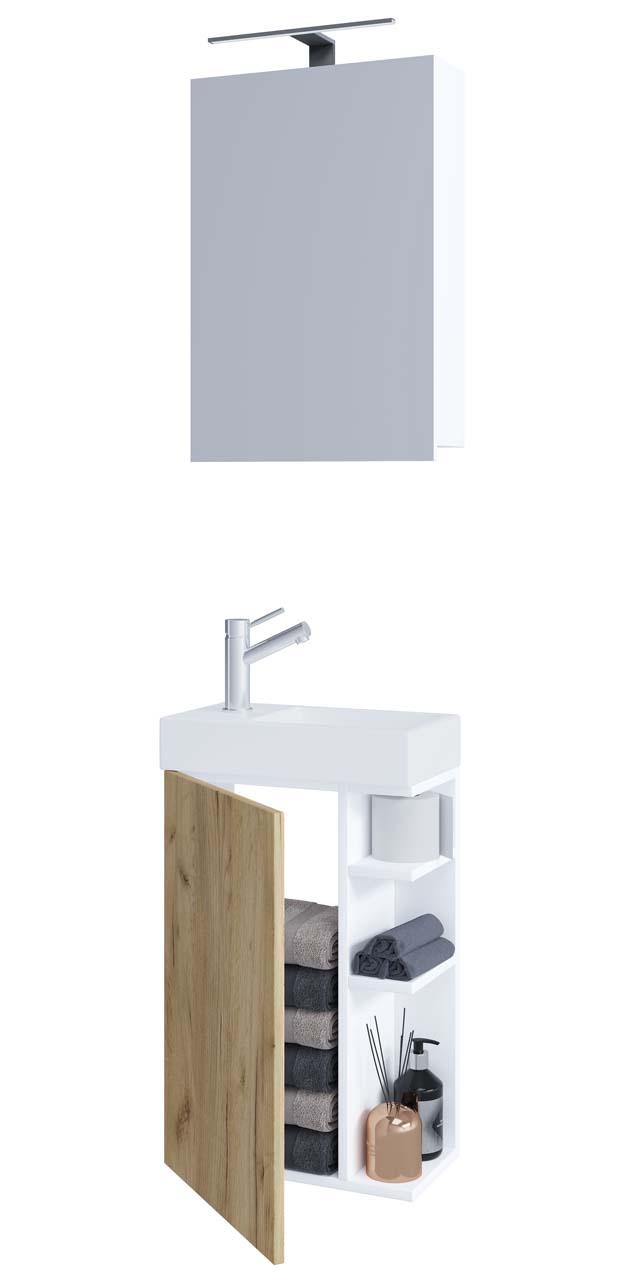 VCM NORDIC Lumia 3-delt gæstevaskeplads, m. spejlskab, håndvask, 1 låge, 2 hylder - hvid/natur træ