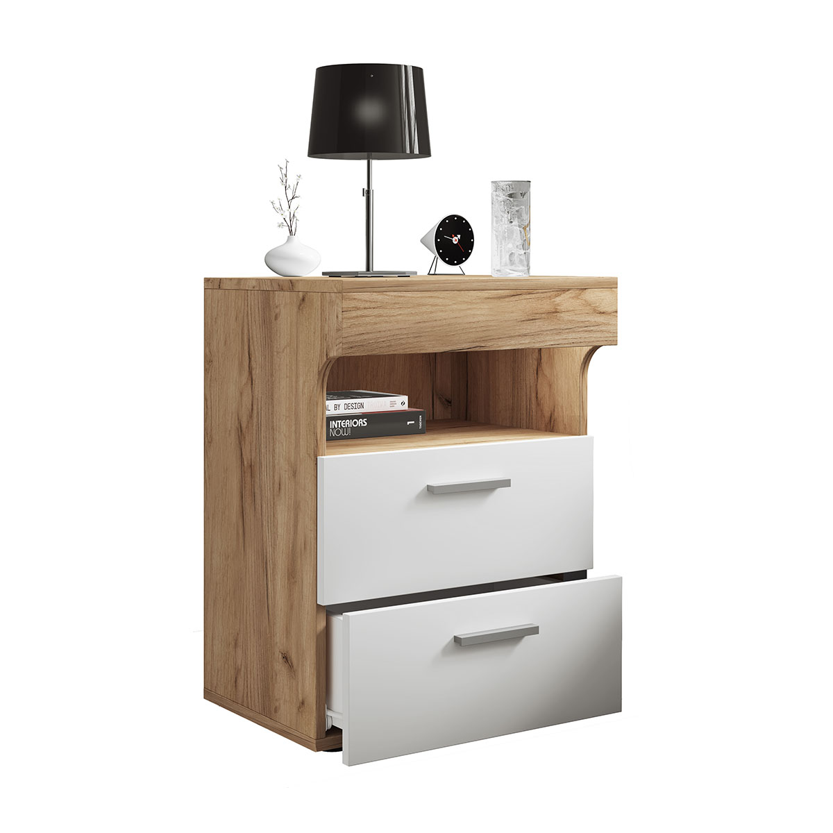 VCM NORDIC Slepal L sengebord, m. 1 rum, 2 skuffer - hvid og natur træ (45x39)