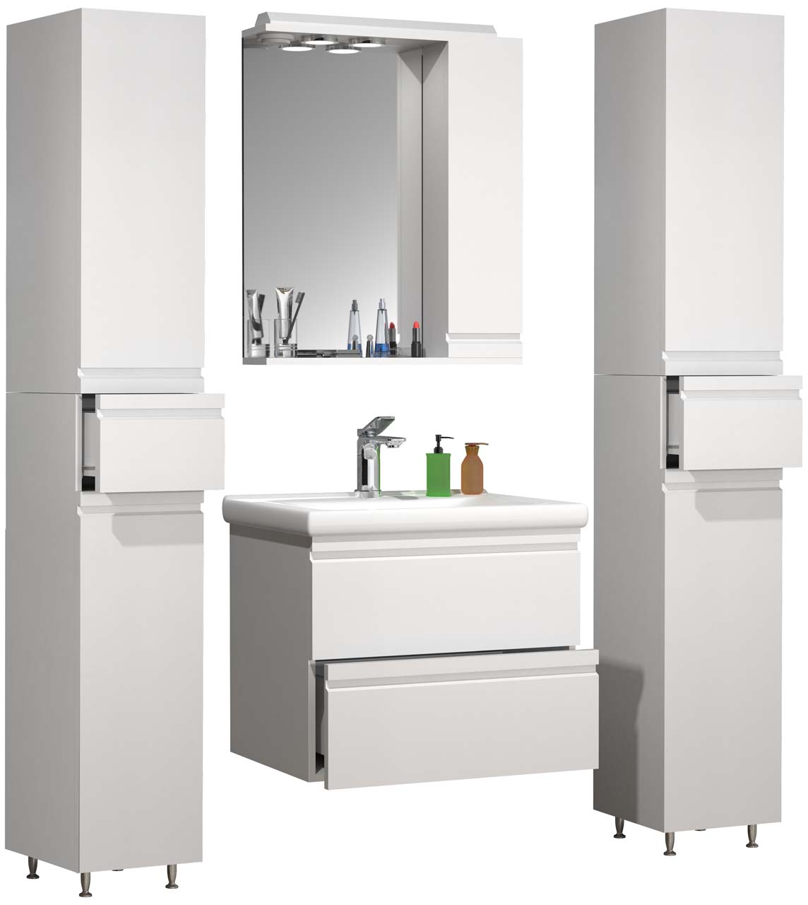 VCM NORDIC Silora L 5-delt vaskeplads, m. spejlskab, håndvask, 3 skabe - hvid melamin