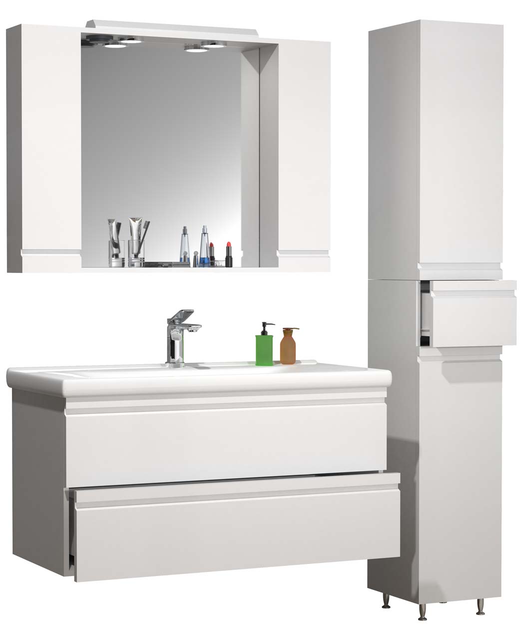 VCM NORDIC Silora XL 4-delt vaskeplads, m. spejlskab, håndvask, 2 skabe - hvid melamin