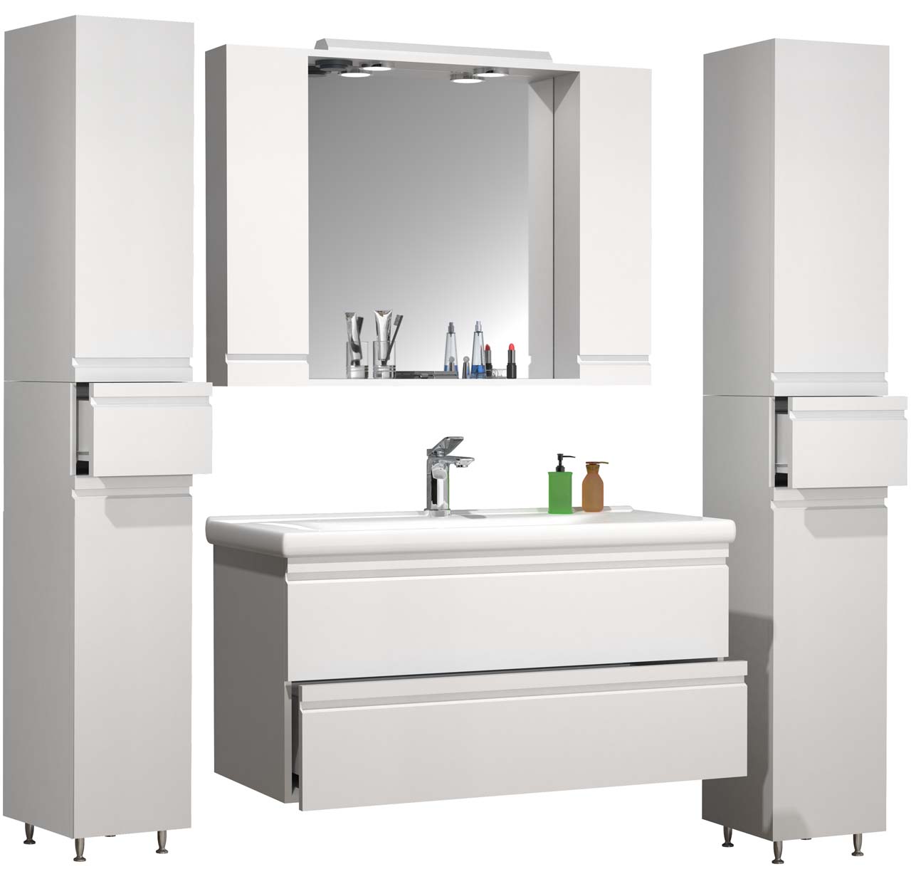 VCM NORDIC Silora XL 5-delt vaskeplads, m. spejlskab, håndvask, 3 skabe - hvid melamin