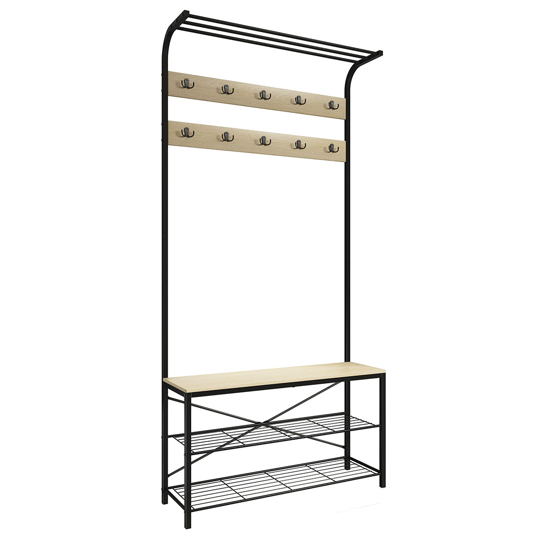 VCM NORDIC Taliro garderobestativ, m. hattehylde, 10 knager, 2 hylder, siddeplads - natur/sort metal