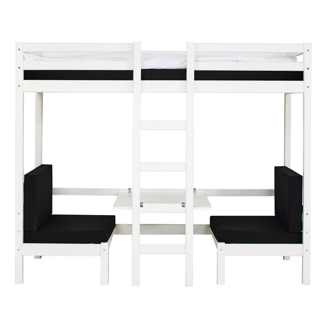 BasicJumbo højseng med sort sofa, skriveplade og inkl. lamelbunde