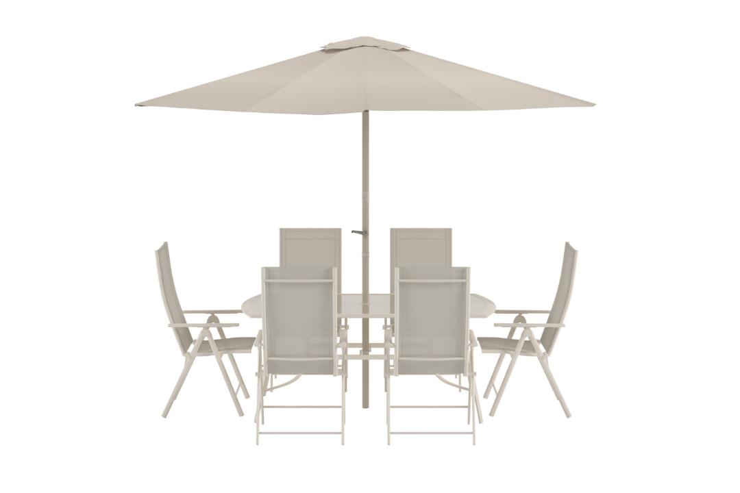 Brekki havesæt parasol, bord 90x150cm 6 stole beige