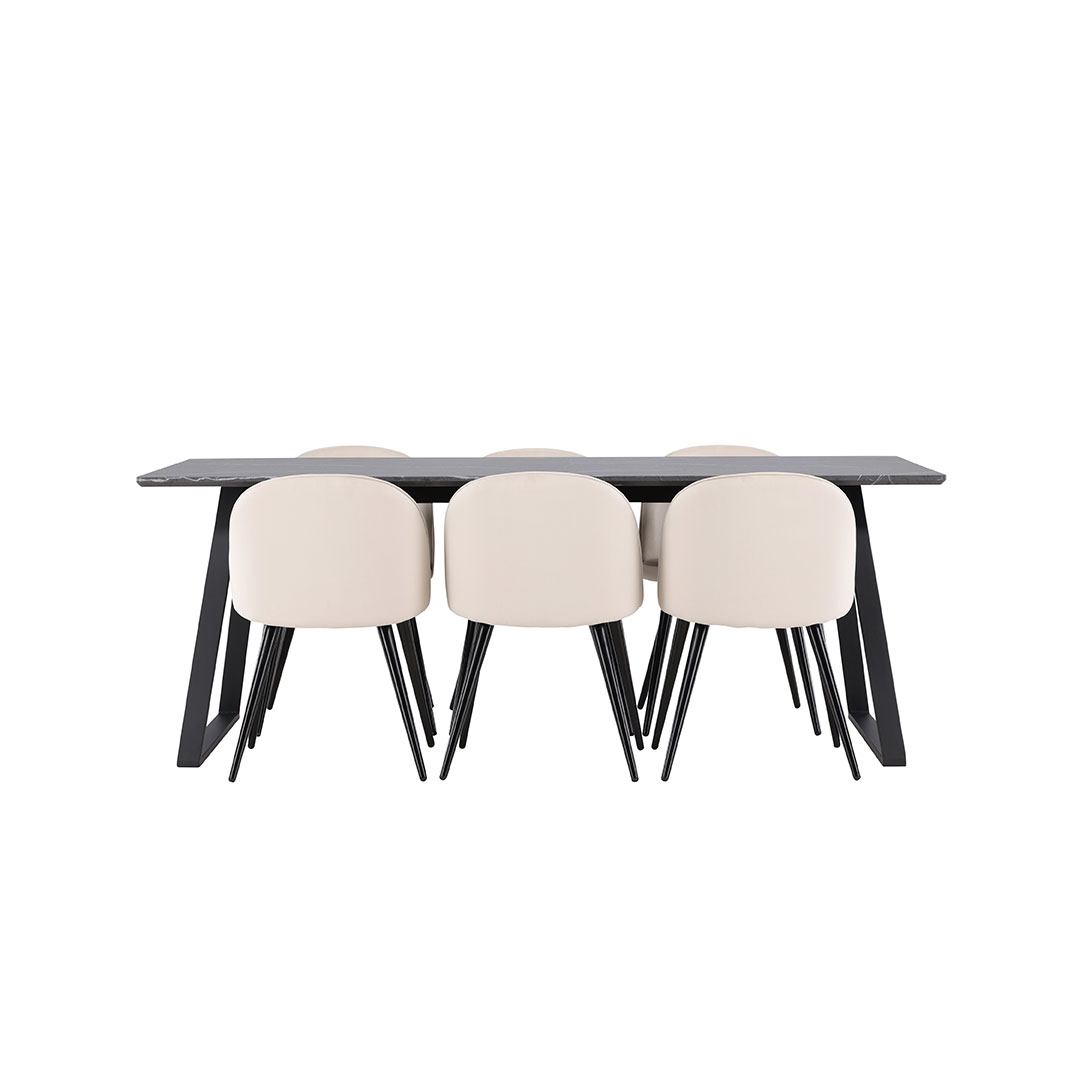 Malaga spisebordssæt spisebord 90x200cm mørkegrå og 6 Skagen stole velour beige