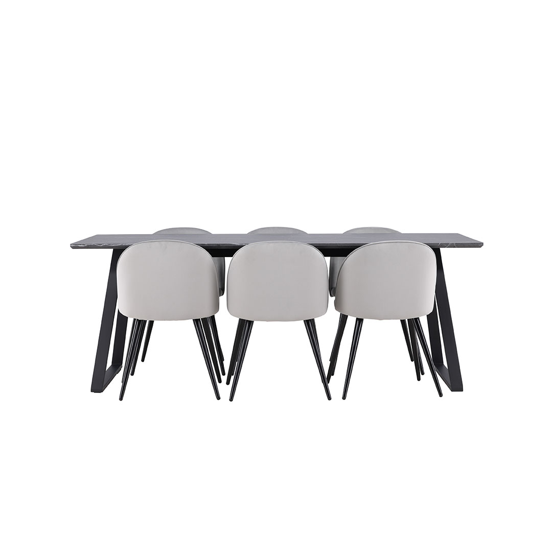 Malaga spisebordssæt spisebord 90x200cm mørkegrå og 6 Skagen stole velour grå