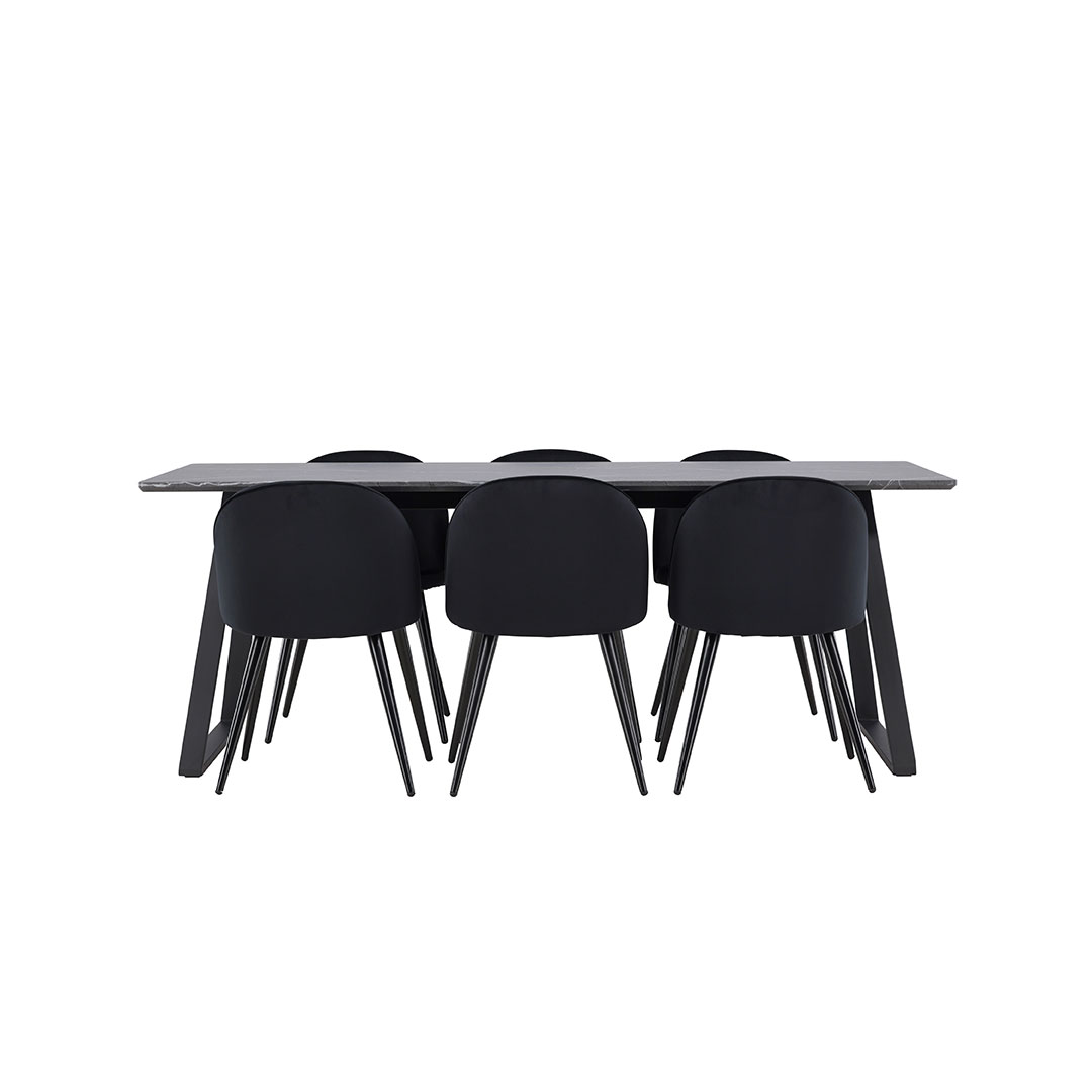 Malaga spisebordssæt spisebord 90x200cm mørkegrå og 6 Skagen stole velour sort