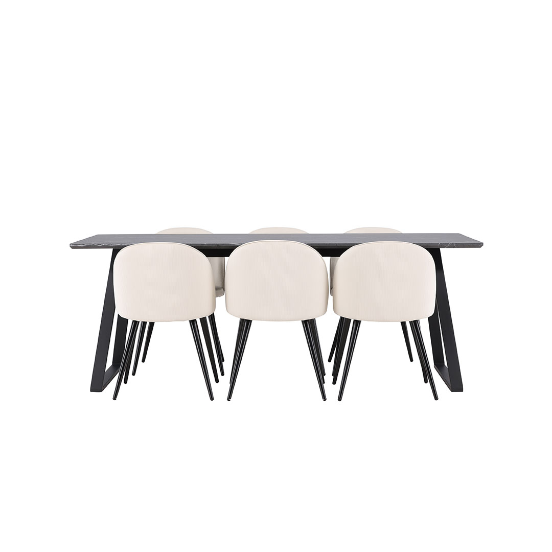 Malaga spisebordssæt spisebord 90x200cm mørkegrå og 6 Skagen stole fløjl beige