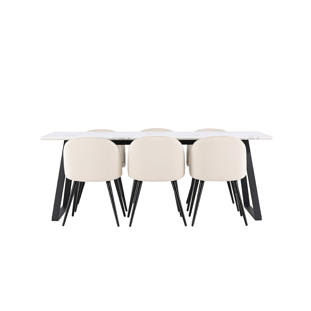 Malaga spisebordssæt spisebord 90x200cm hvid og 6 Skagen stole velour beige