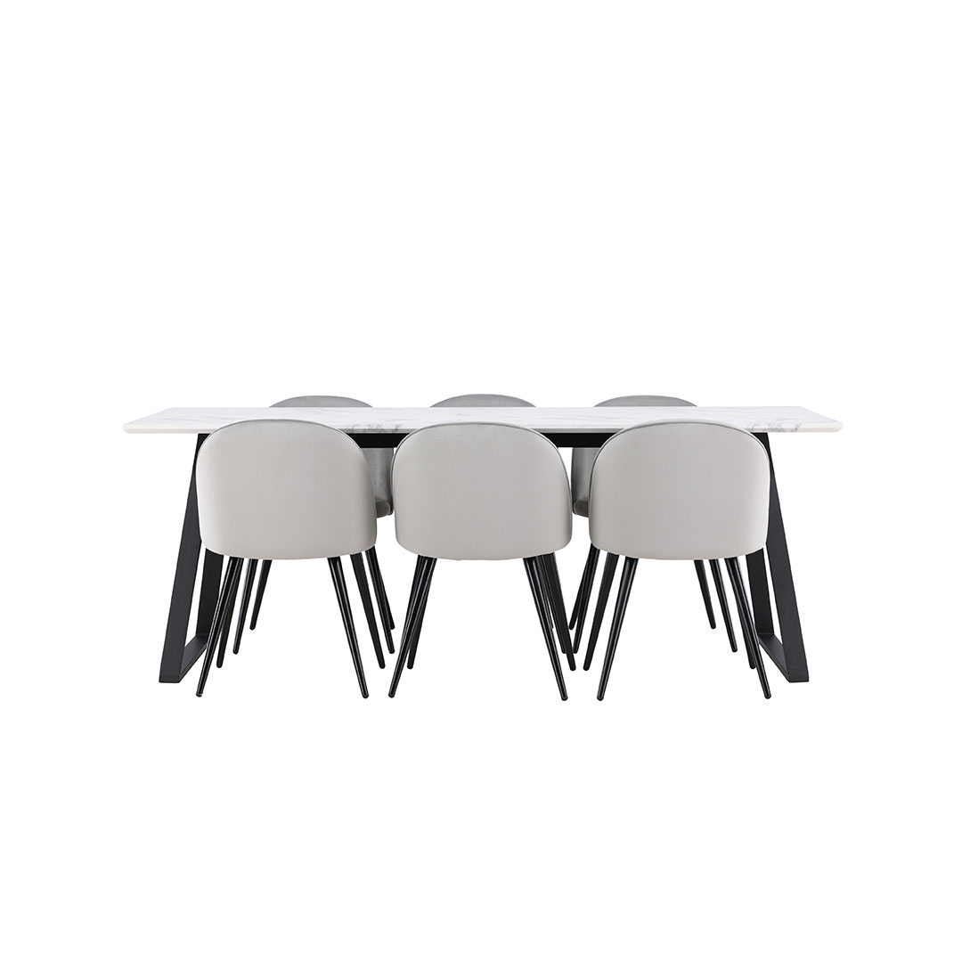 Malaga spisebordssæt spisebord 90x200cm hvid og 6 Skagen stole velour grå