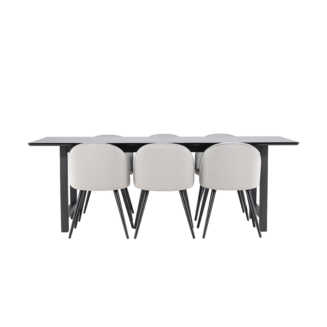 Oslo spisebordssæt spisebord 100x220cm sort og 6 Skagen stole velour grå