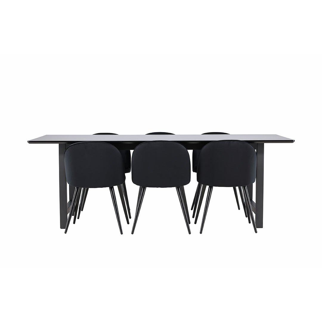 Oslo spisebordssæt spisebord 100x220cm sort og 6 Skagen stole velour sort