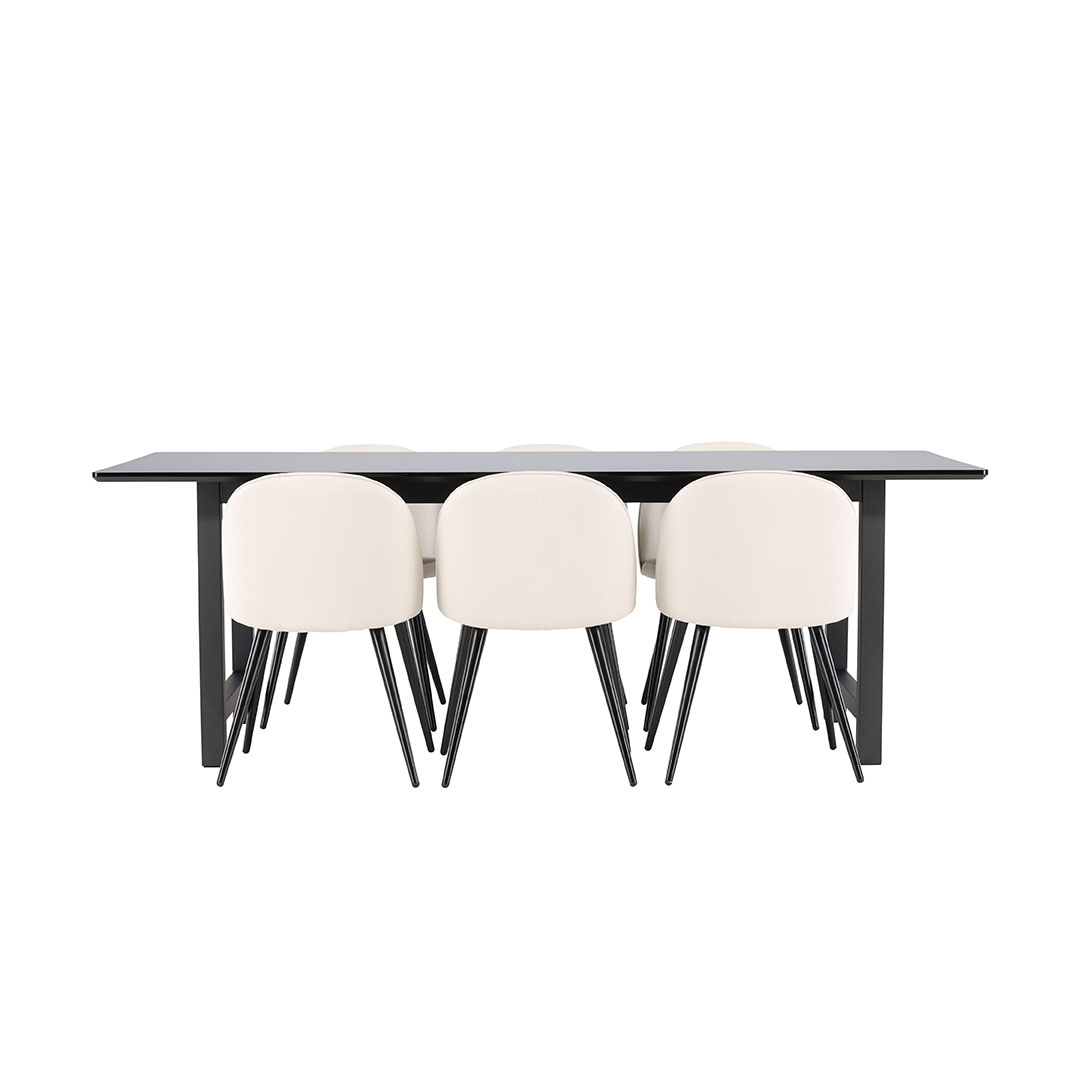 Oslo spisebordssæt spisebord 100x220cm sort og 6 Skagen stole fløjl beige