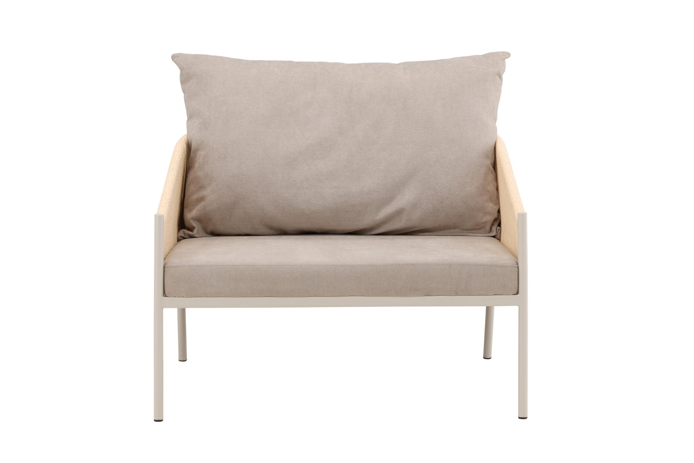 VENTURE DESIGN Louie loungestol, m. armlæn og stof hynder - beige reb og beige stål