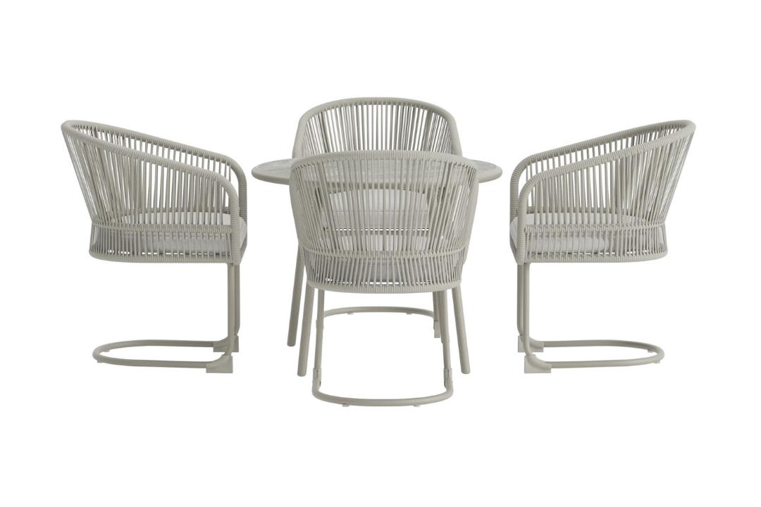 VENTURE HOME Tilos havesæt, m. 1 bord, 4 stole, beige hynder - PVC-komposit, aluminium, lysegrå flet og stål