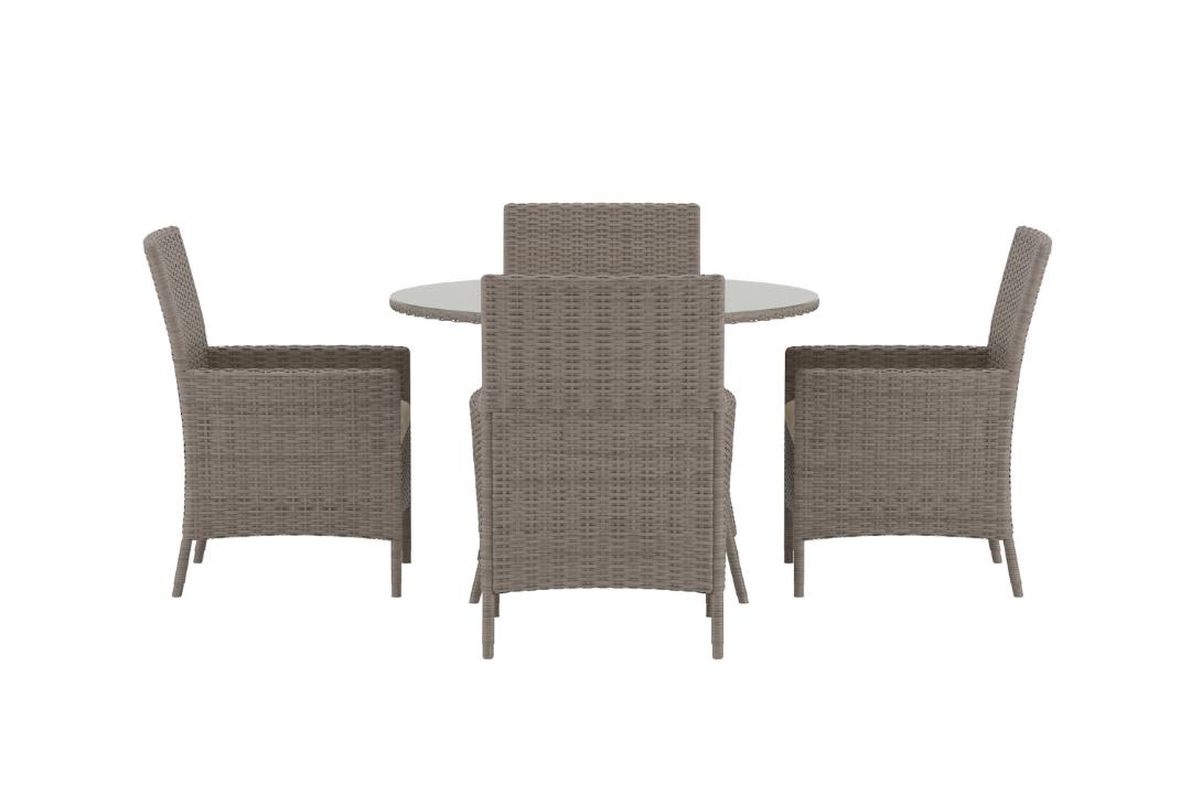 VENTURE HOME Lefkas havesæt, m. 1 rund bord, 4 stole, hynder - glas og brun rattan og stål