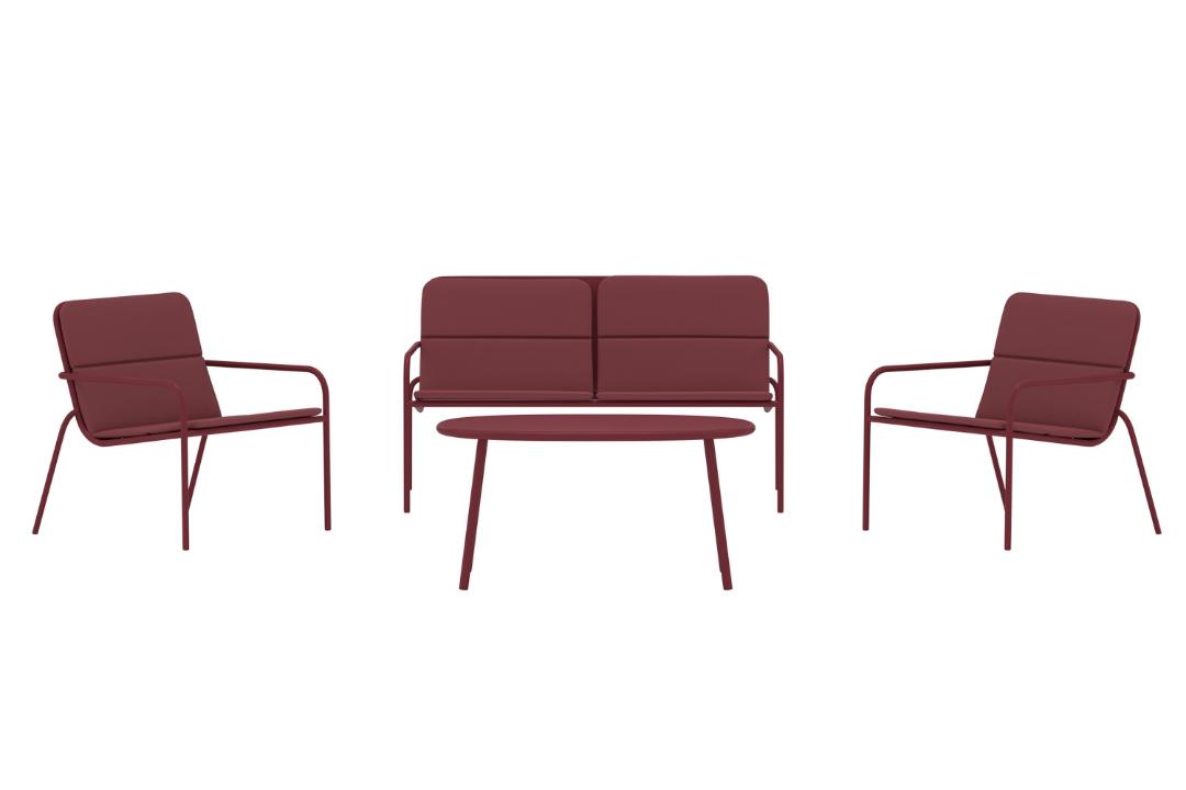 VENTURE HOME Fourni havesofasæt, m. 1 bord, 1 sofa, 2 stole og bordeaux hynder - bordeaux stål
