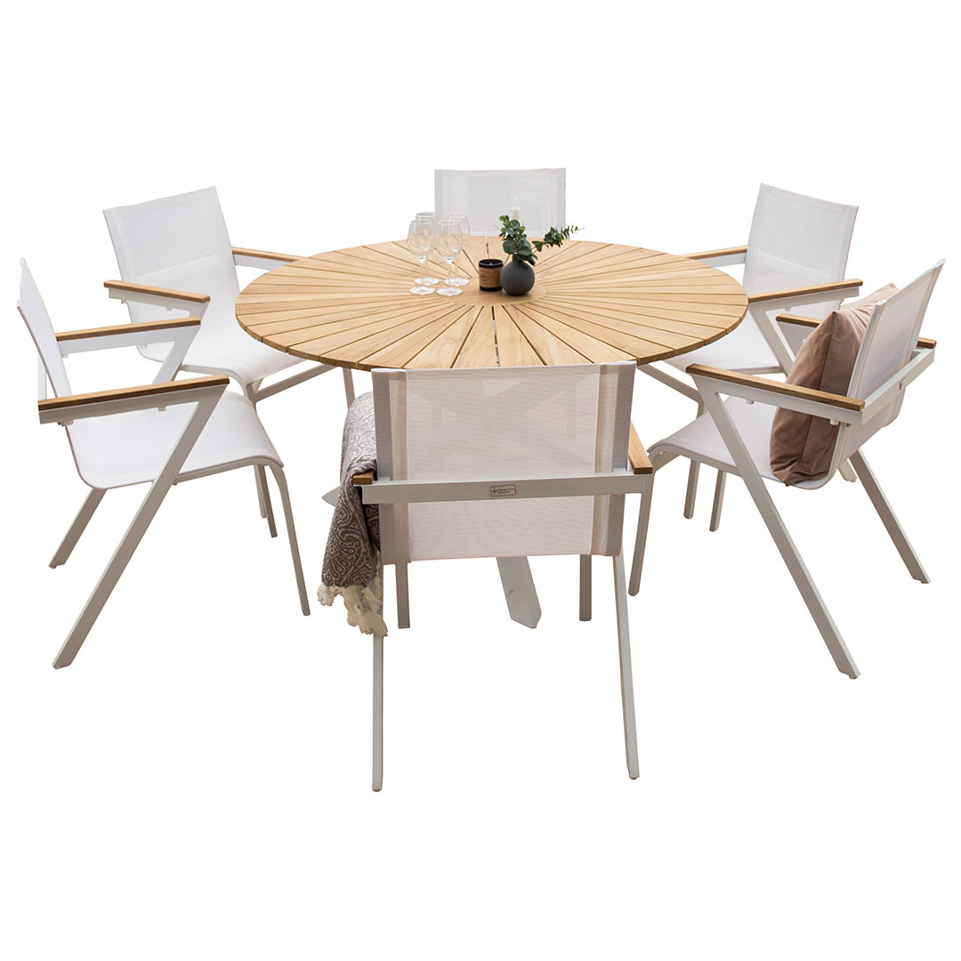 Mexico havesæt bord Ø140cm natur, 6 stole hvid