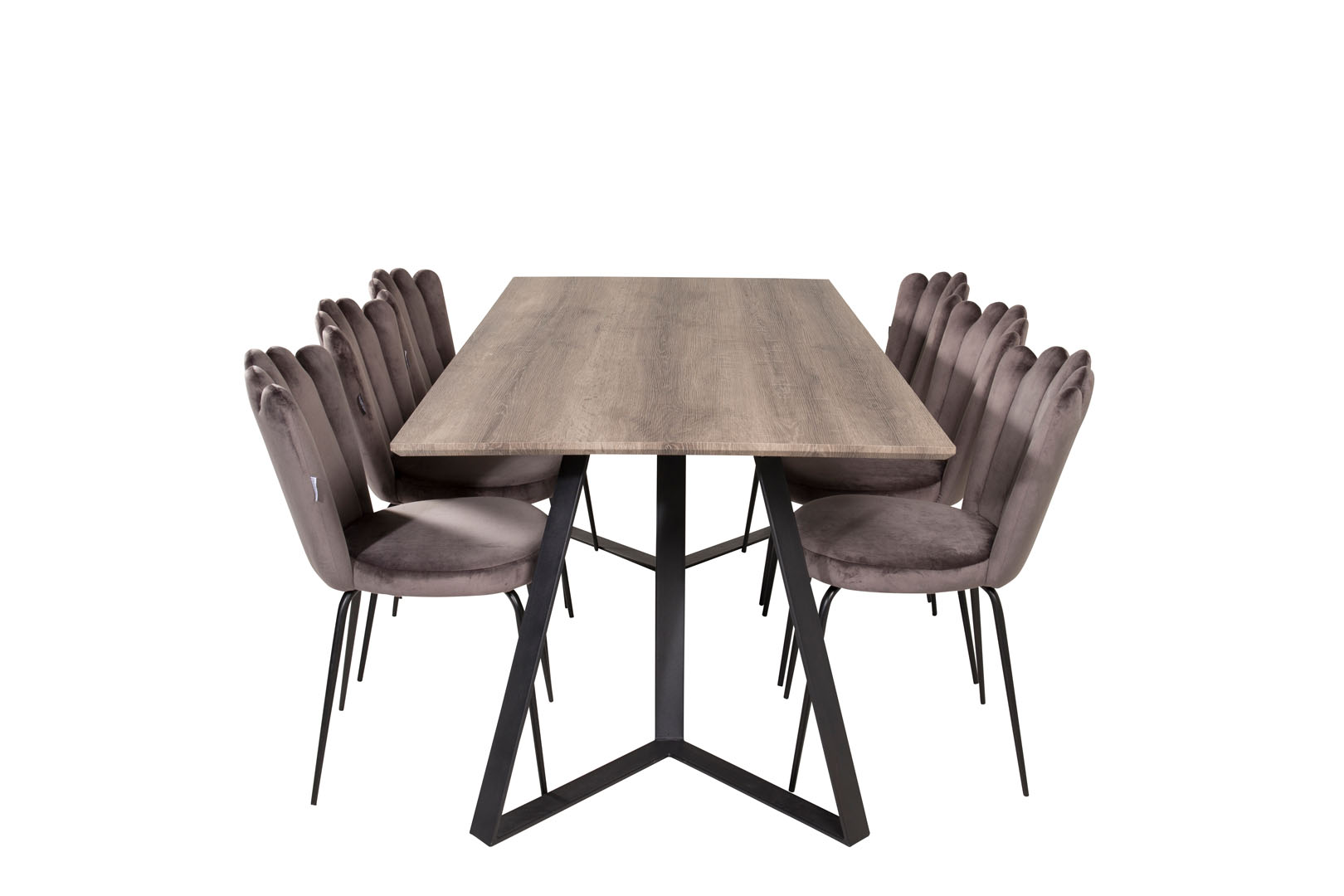 MarinaGRBL spisebordssæt spisebord elletræ dekor grå og 6 Limhamn stole velour grå