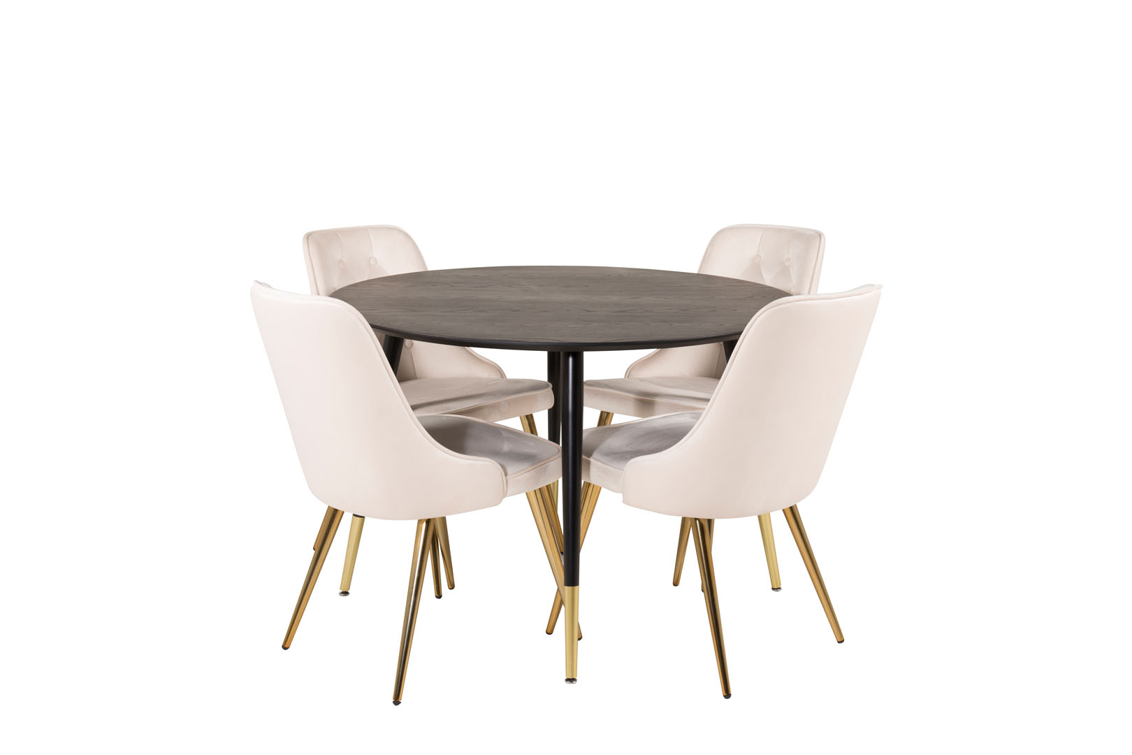 DippØ115BLBR spisebordssæt spisebord sort og 4 Velvet Deluxe stole velour beige, messing dekor